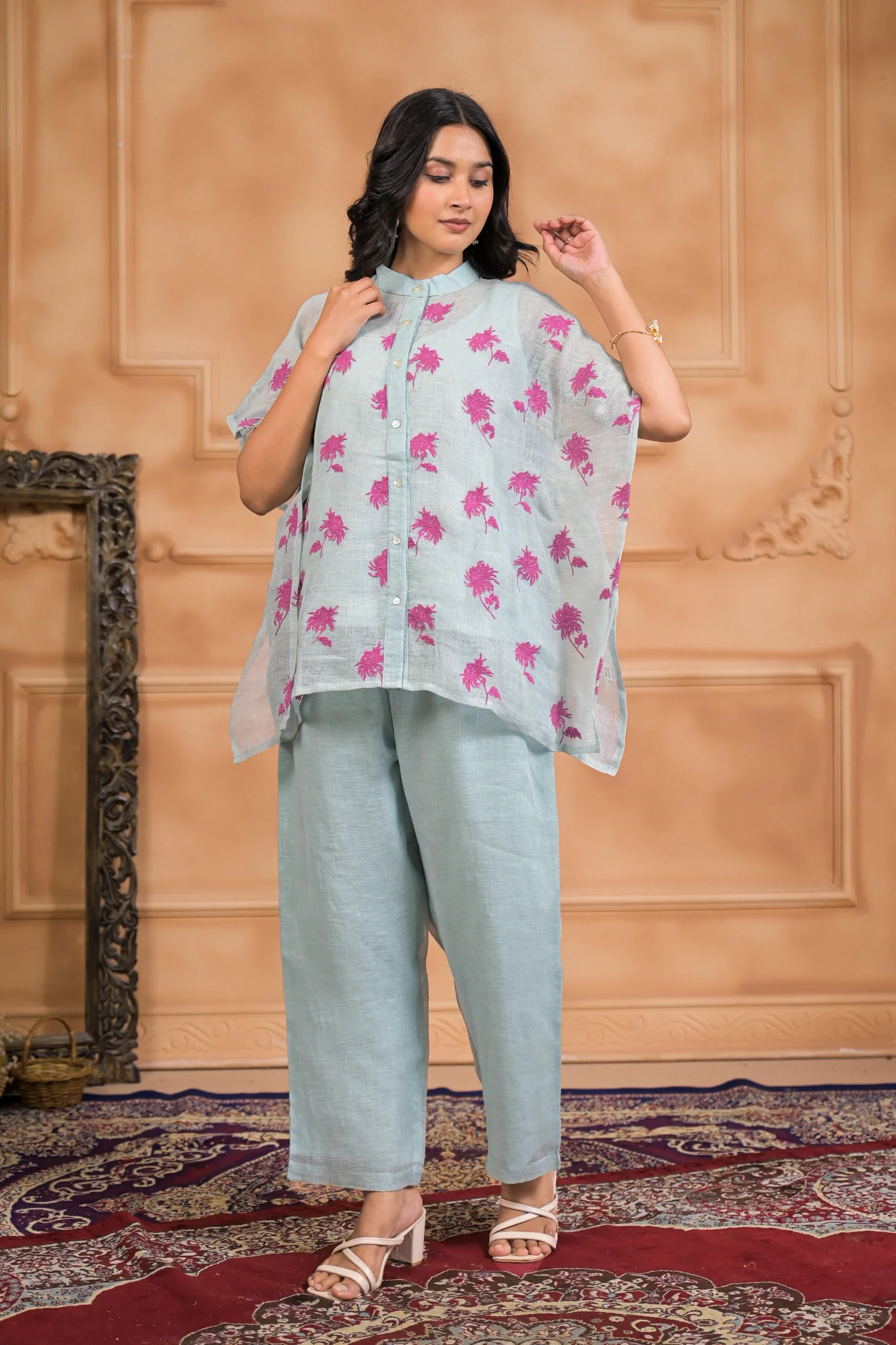 Embroidered Linen Kaftan Set Stitched - Image 5