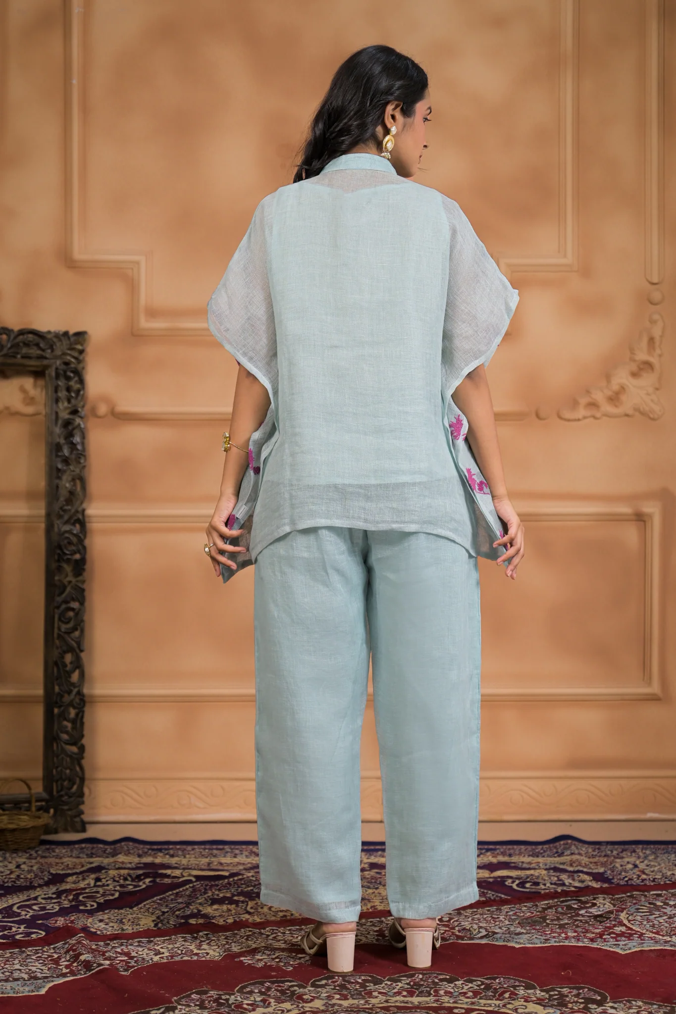Embroidered Linen Kaftan Set Stitched - Image 6