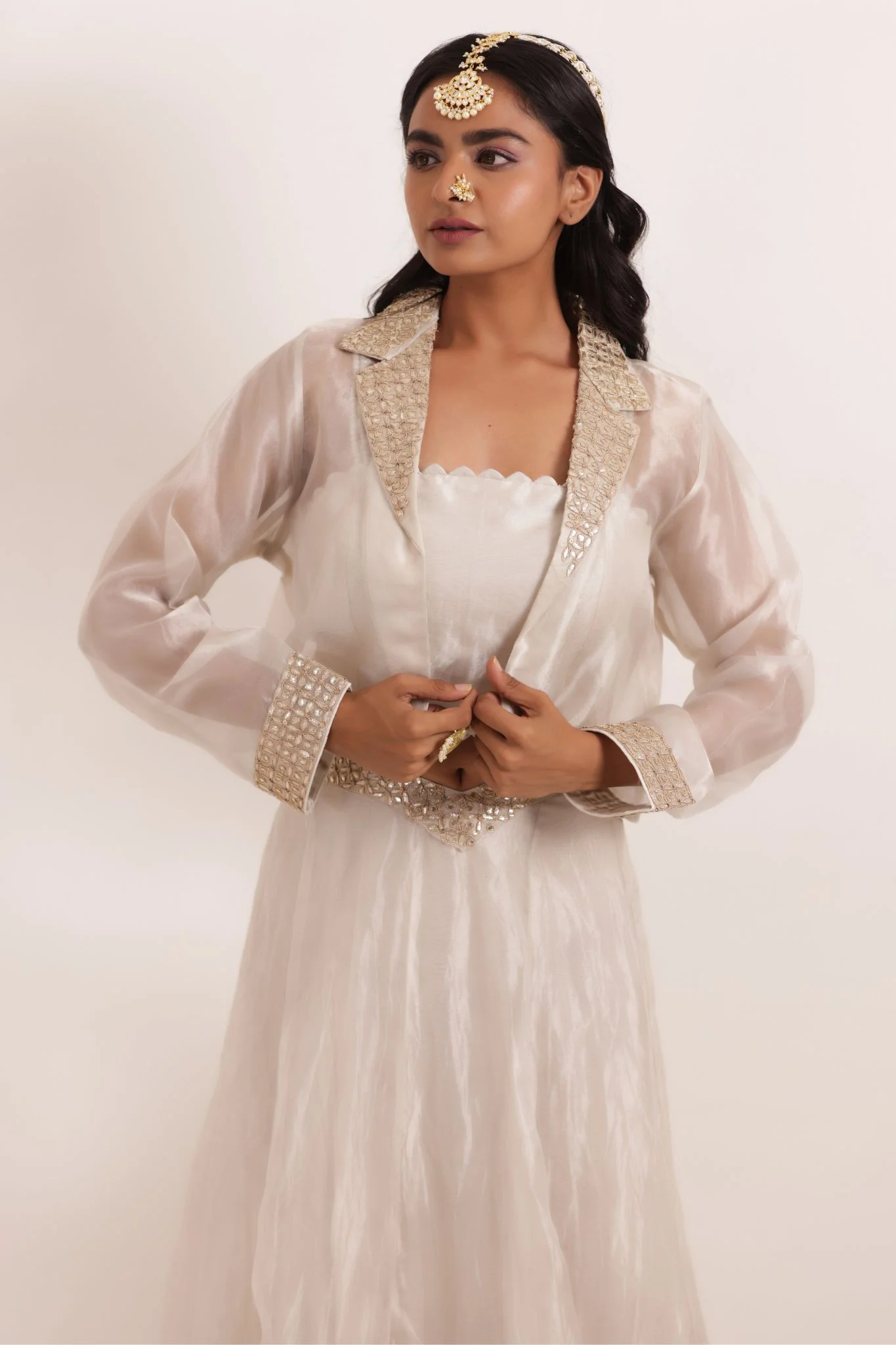 Embroidered Tissue Indowestern Embellished with Gota Patti Detailing - Image 2