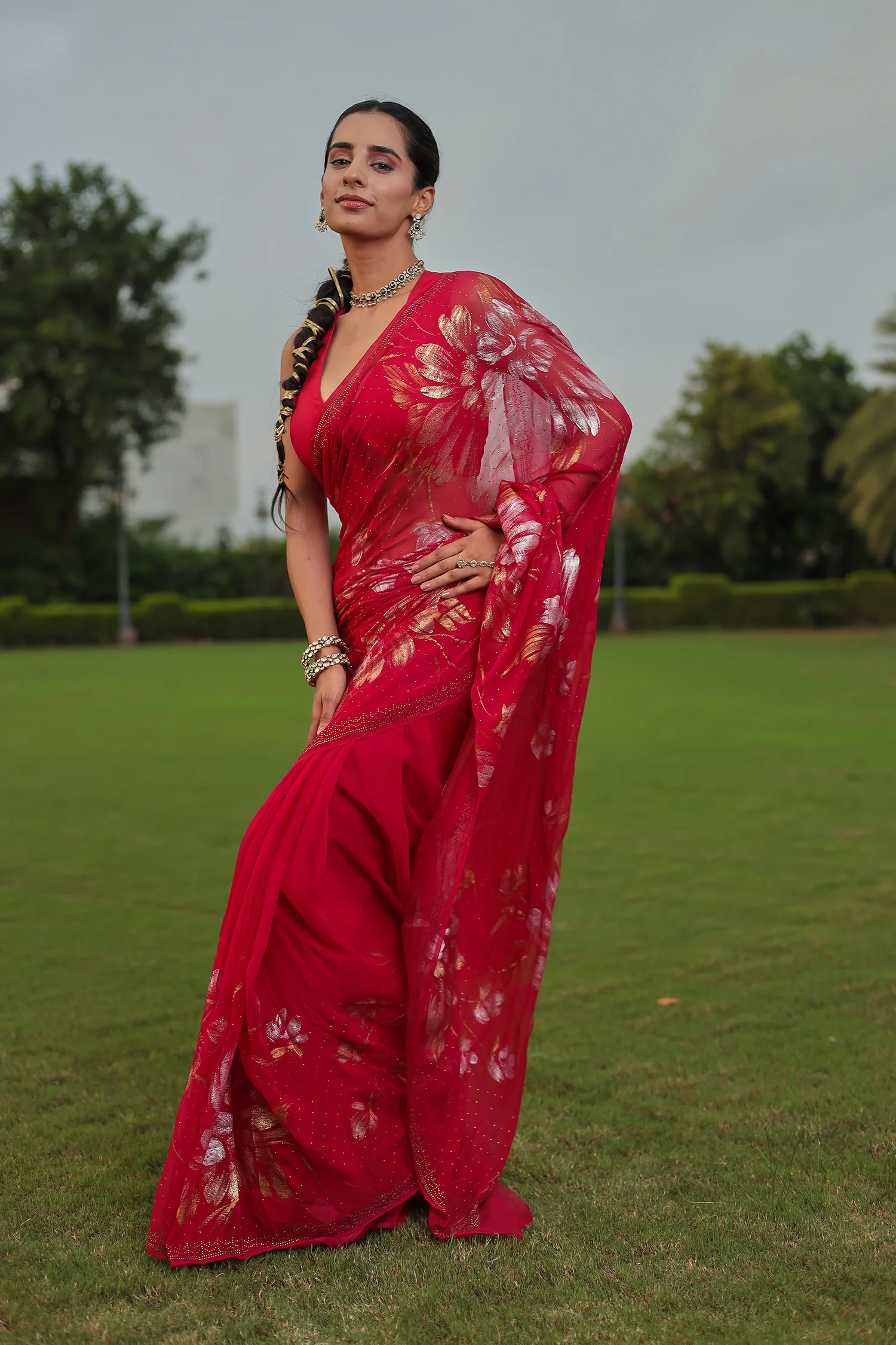 Foil Print Chiffon Saree with Swarovski work - Image 12