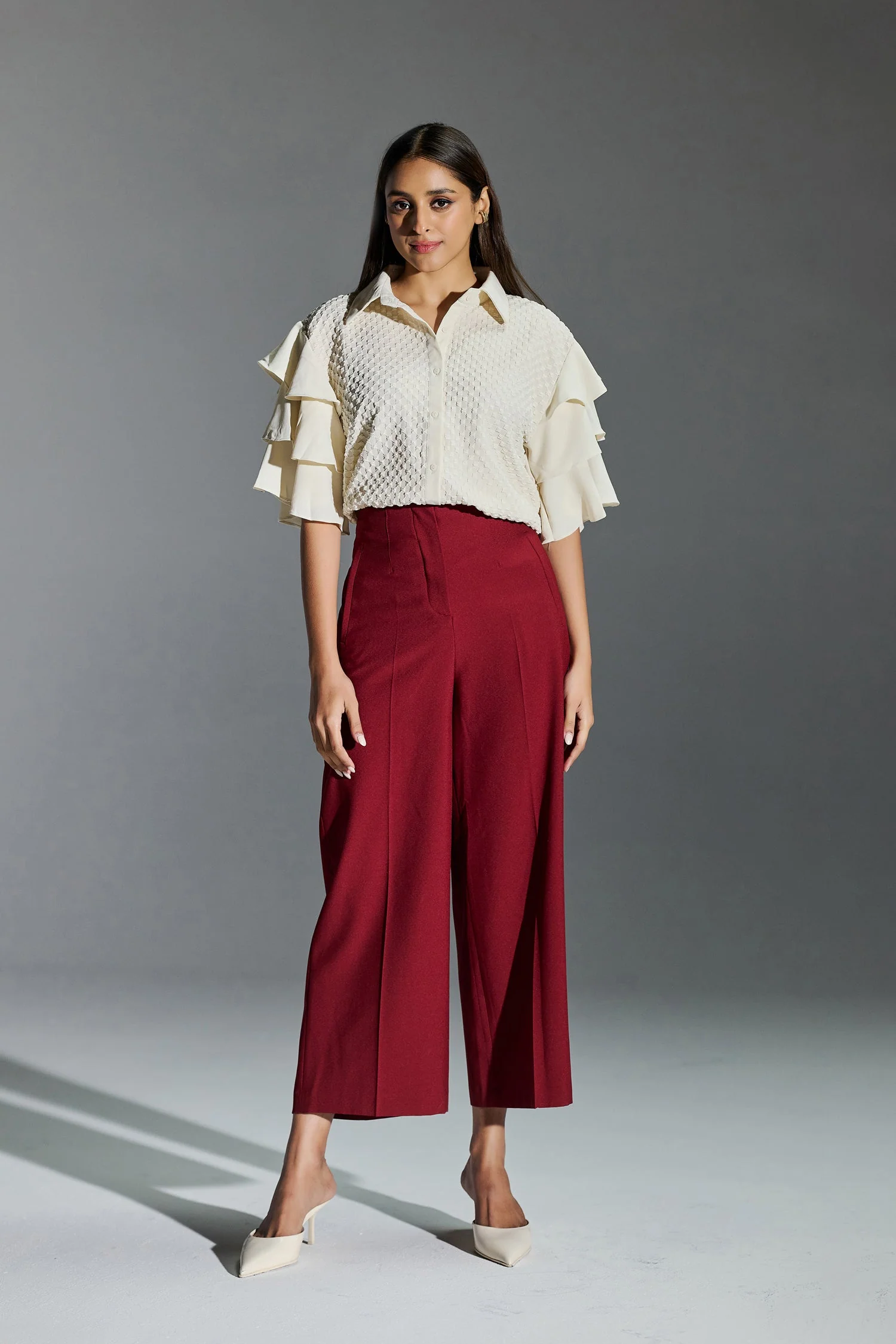 Formal Wear Bubble Effect Cream Color Shirt With Layer Flutter Sleeves - Image 2