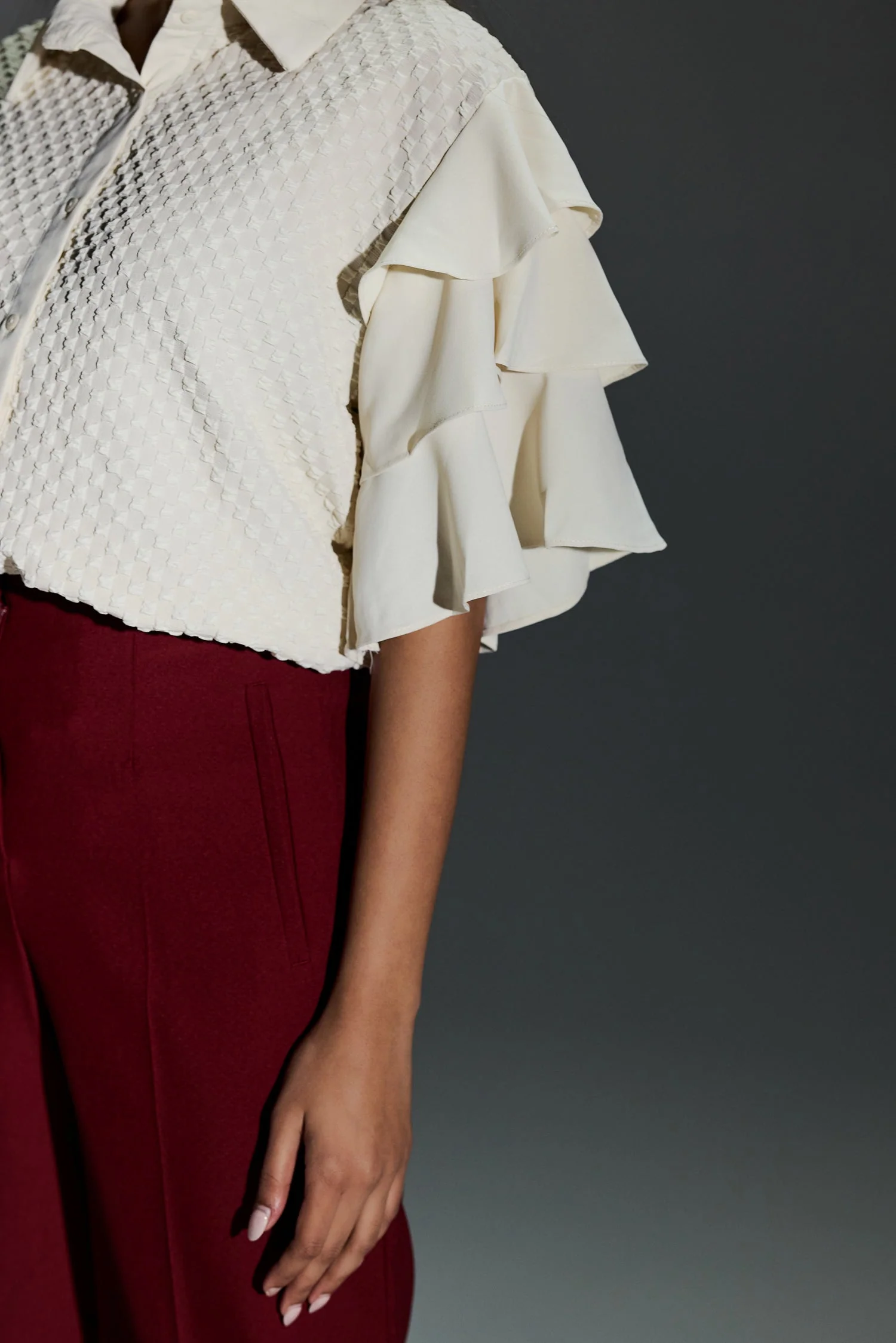 Formal Wear Bubble Effect Cream Color Shirt With Layer Flutter Sleeves - Image 3
