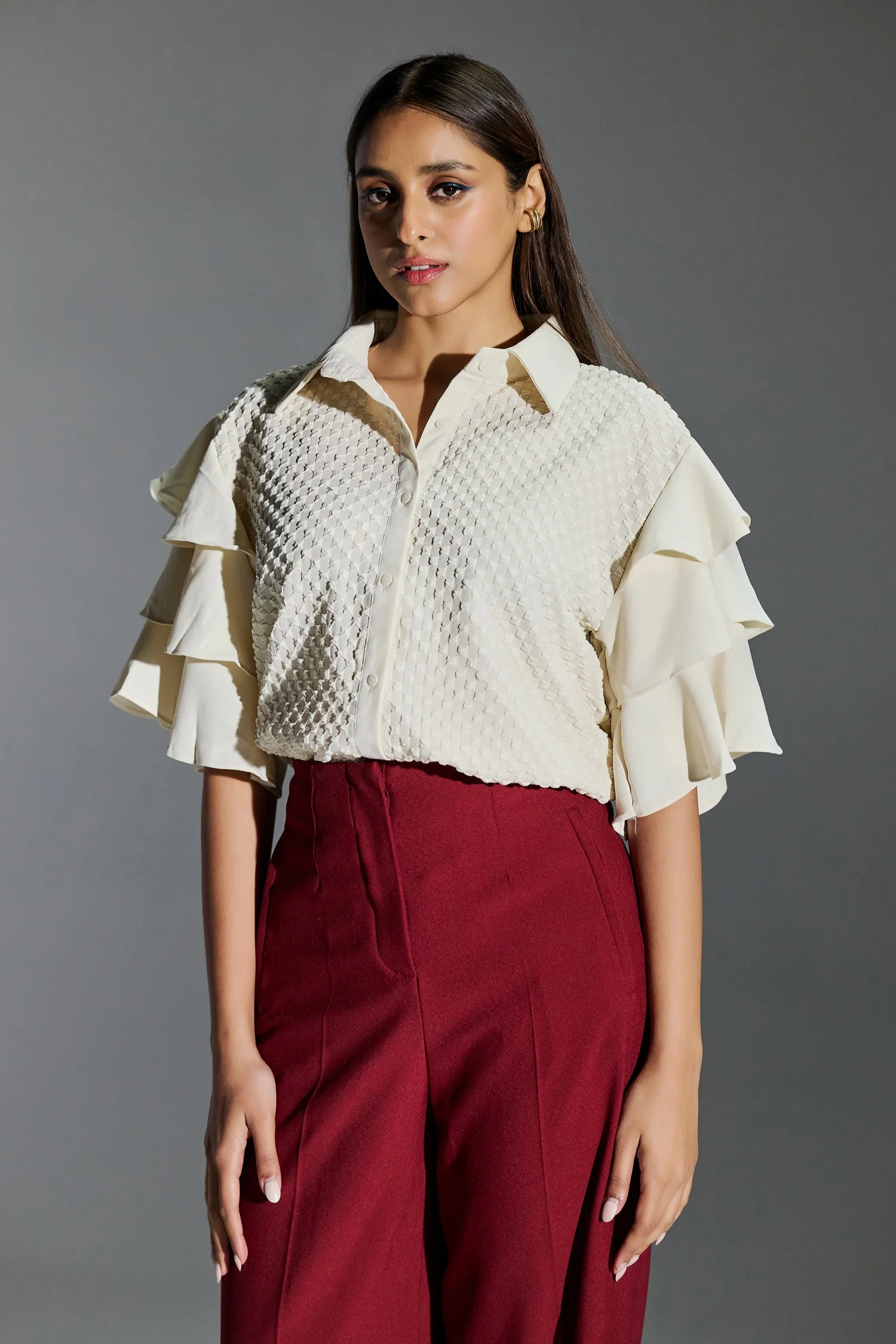 Formal Wear Bubble Effect Cream Color Shirt With Layer Flutter Sleeves - Image 4