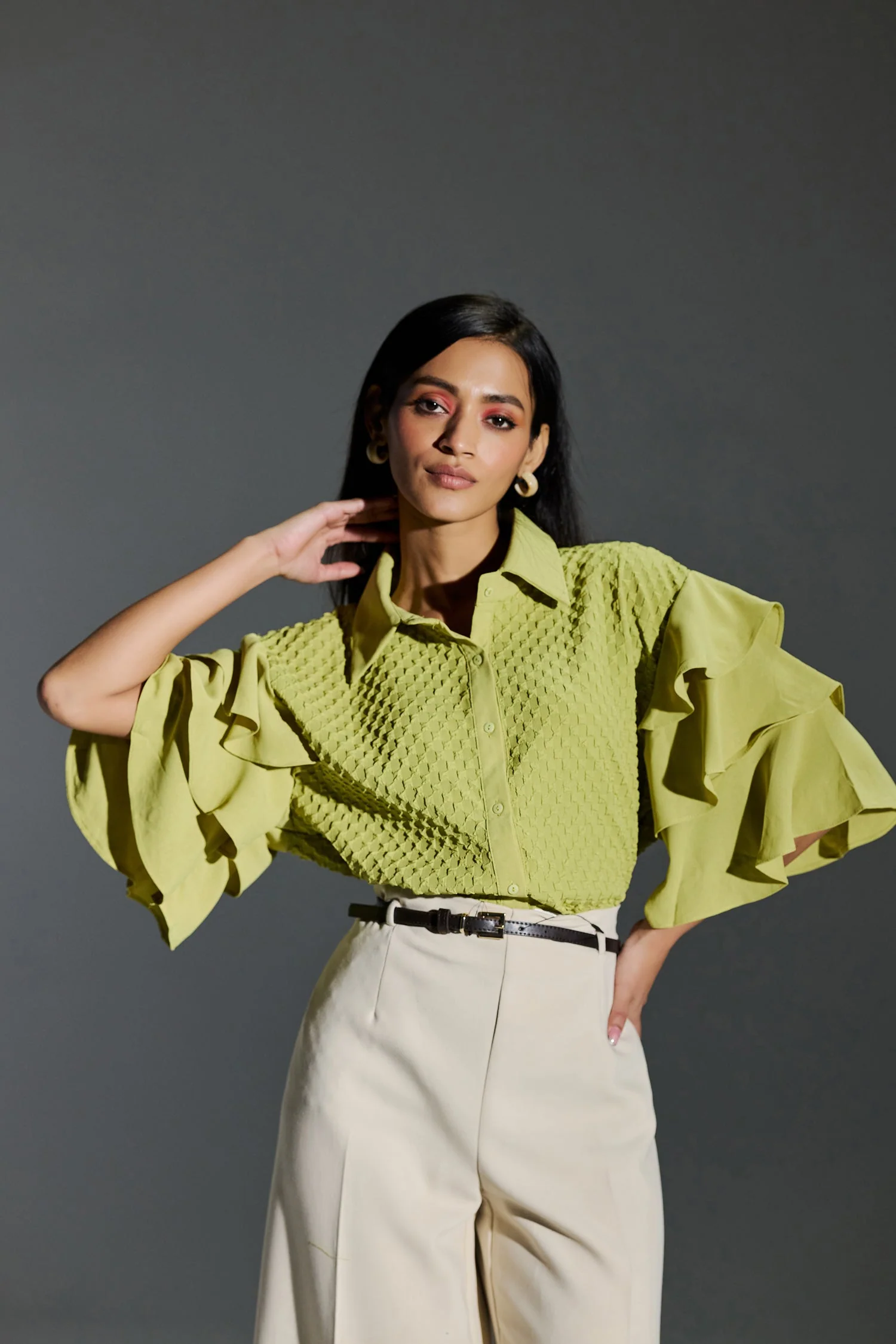 Formal Wear Bubble Effect Light Green Color Shirt With Layer Flutter Sleeves