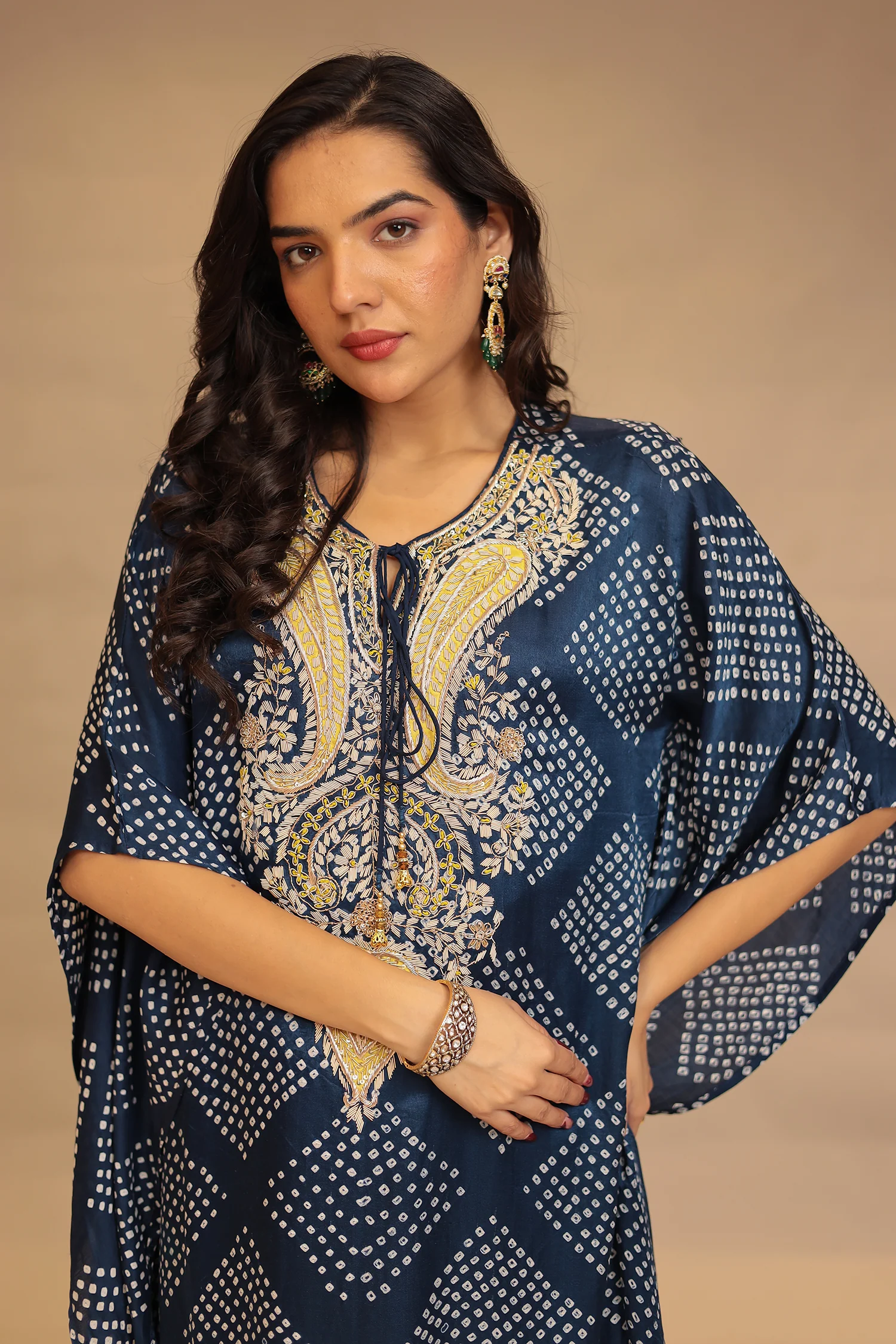 Gajji silk Kaftan with Bandhej, Pearl, Sequins, Thread, Zardozi work - Image 7