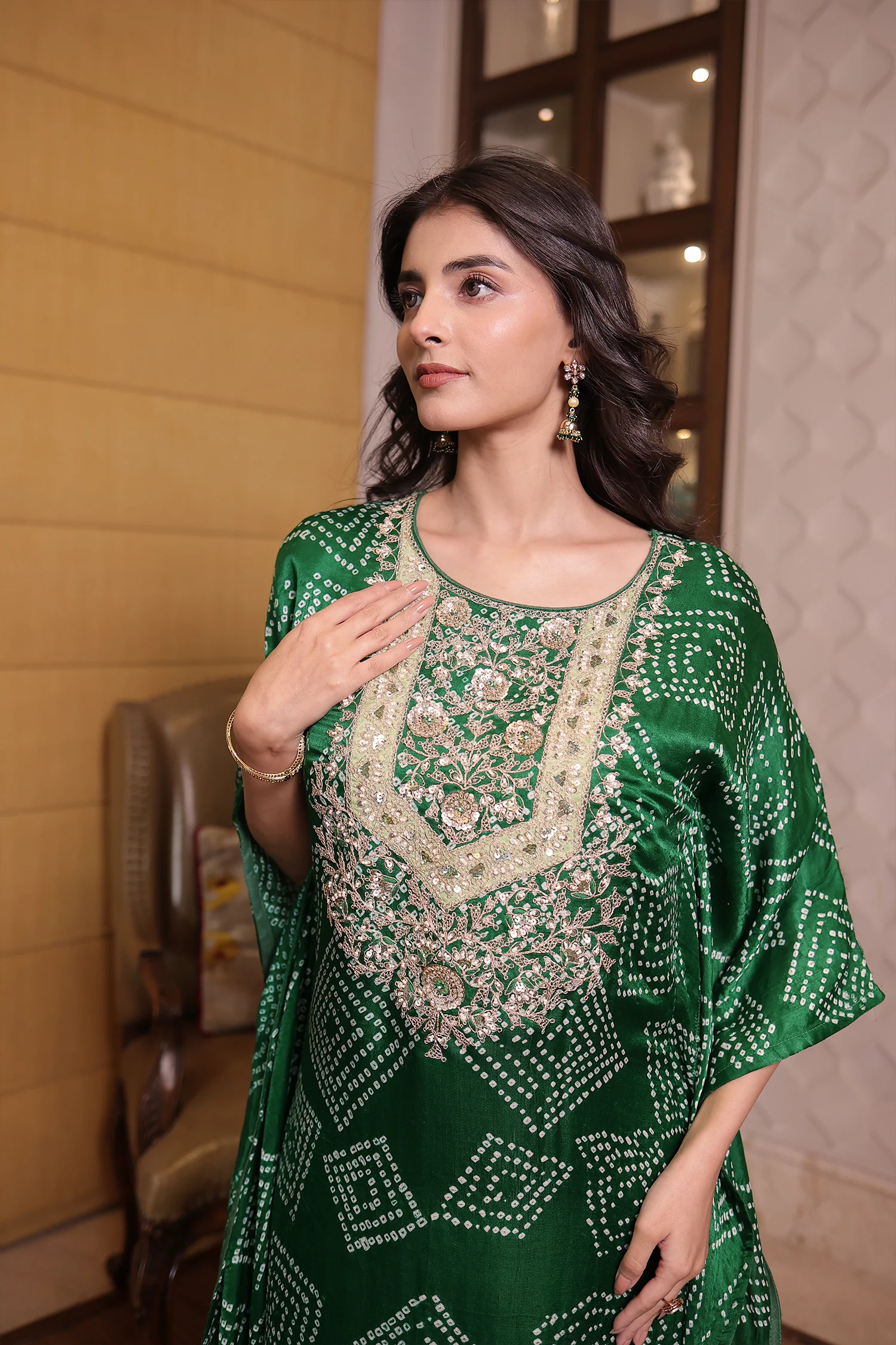Dark Green Gajji silk Kaftan with Dori, Pearl and Zardozi work. - Image 2