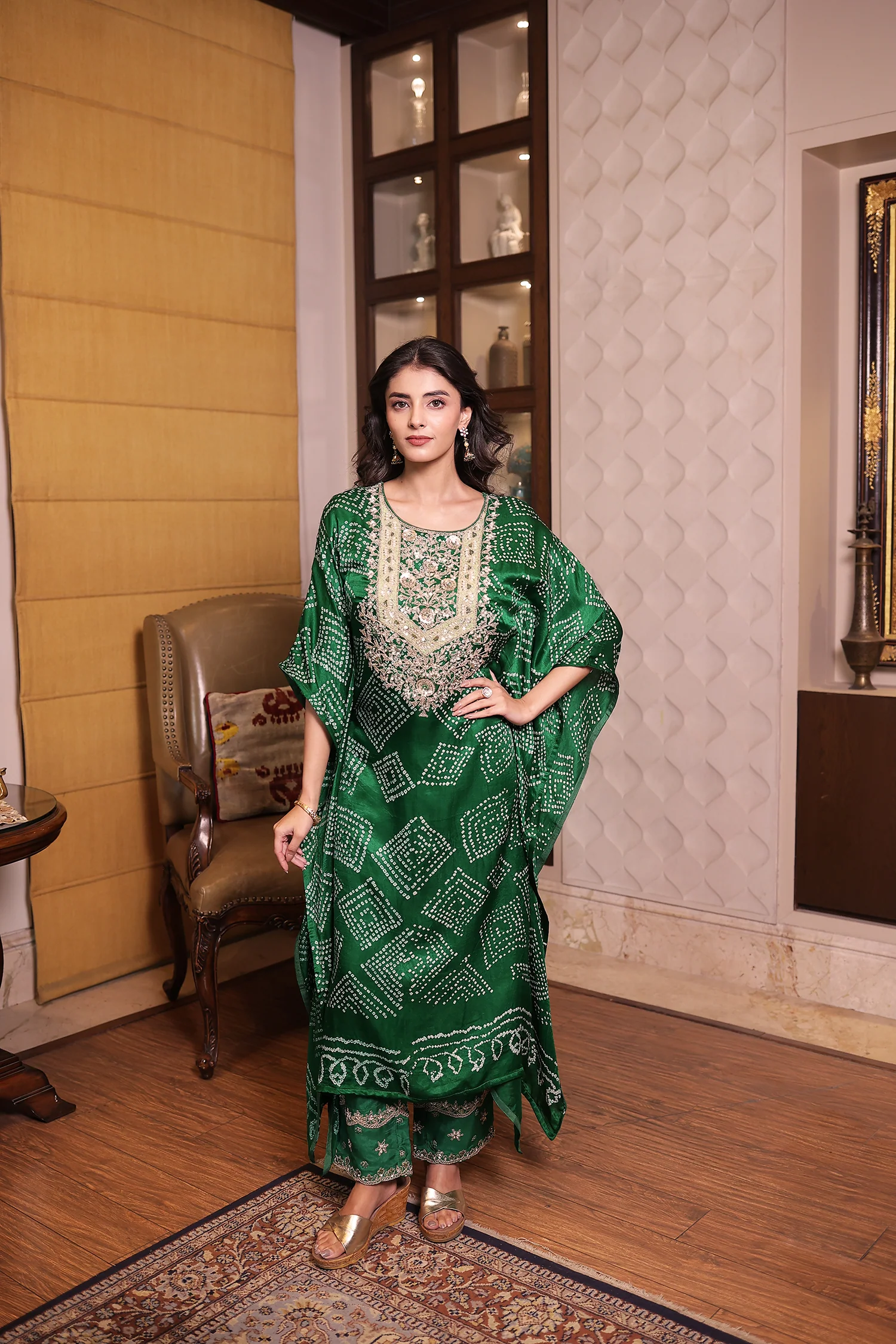 Dark Green Gajji silk Kaftan with Dori, Pearl and Zardozi work. - Image 3