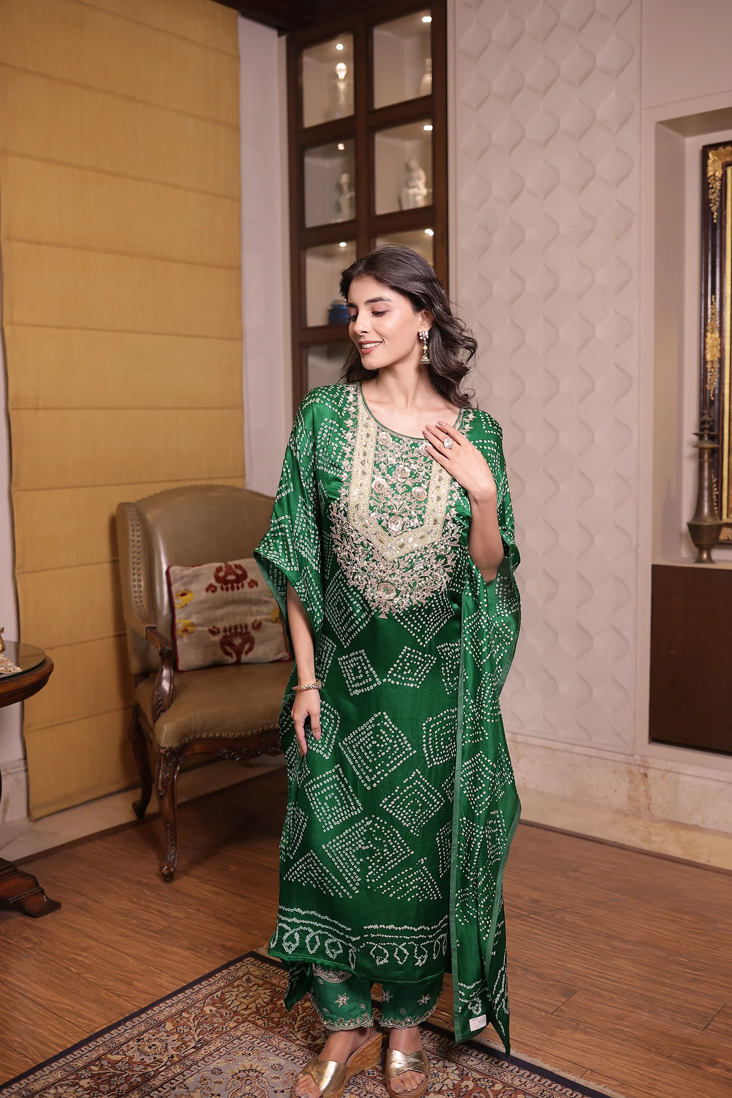 Dark Green Gajji silk Kaftan with Dori, Pearl and Zardozi work. - Image 4