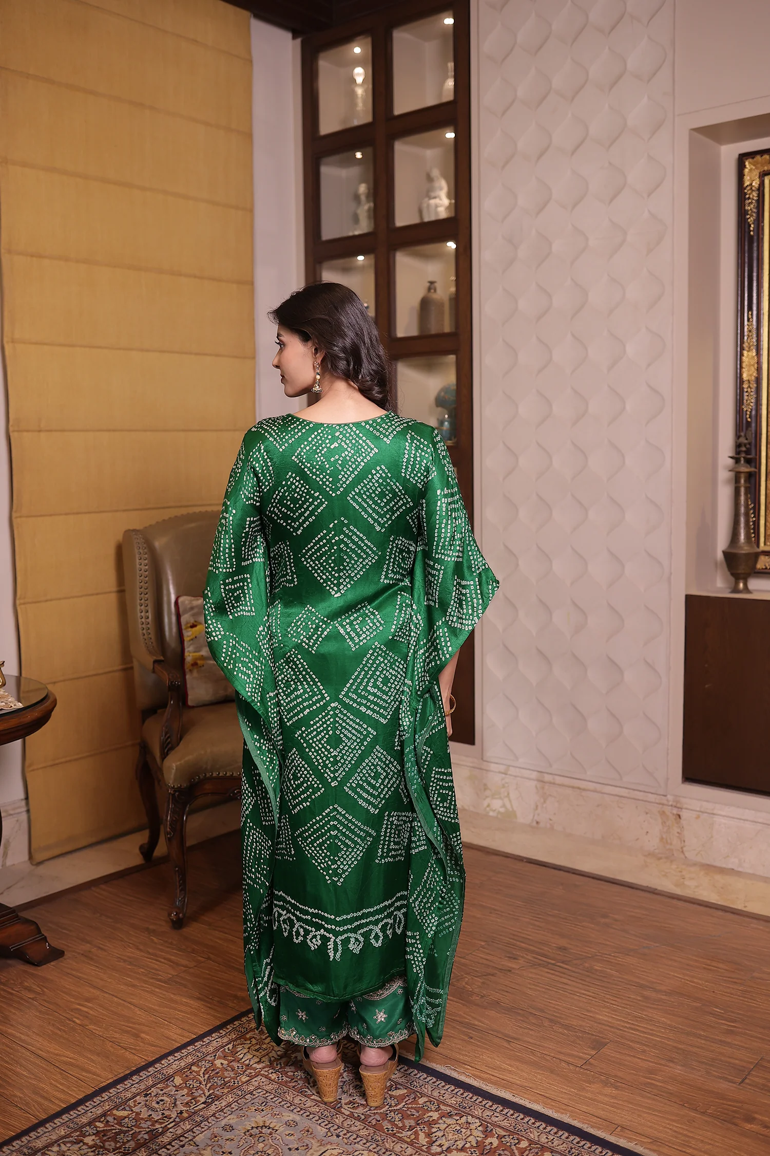 Dark Green Gajji silk Kaftan with Dori, Pearl and Zardozi work. - Image 5