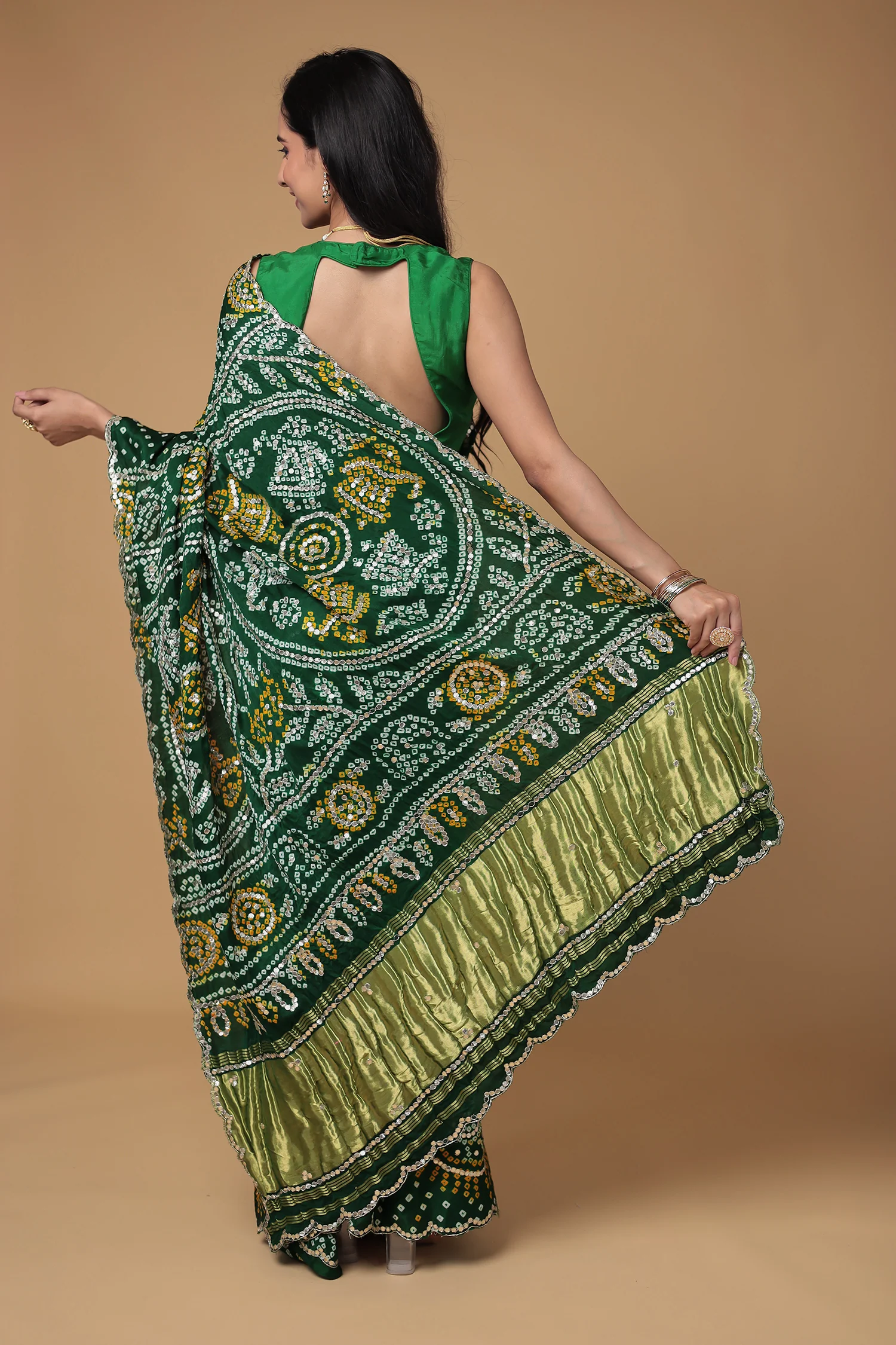 Bandhej Gajji Silk Saree with Dori and Gota Patti work - Image 6