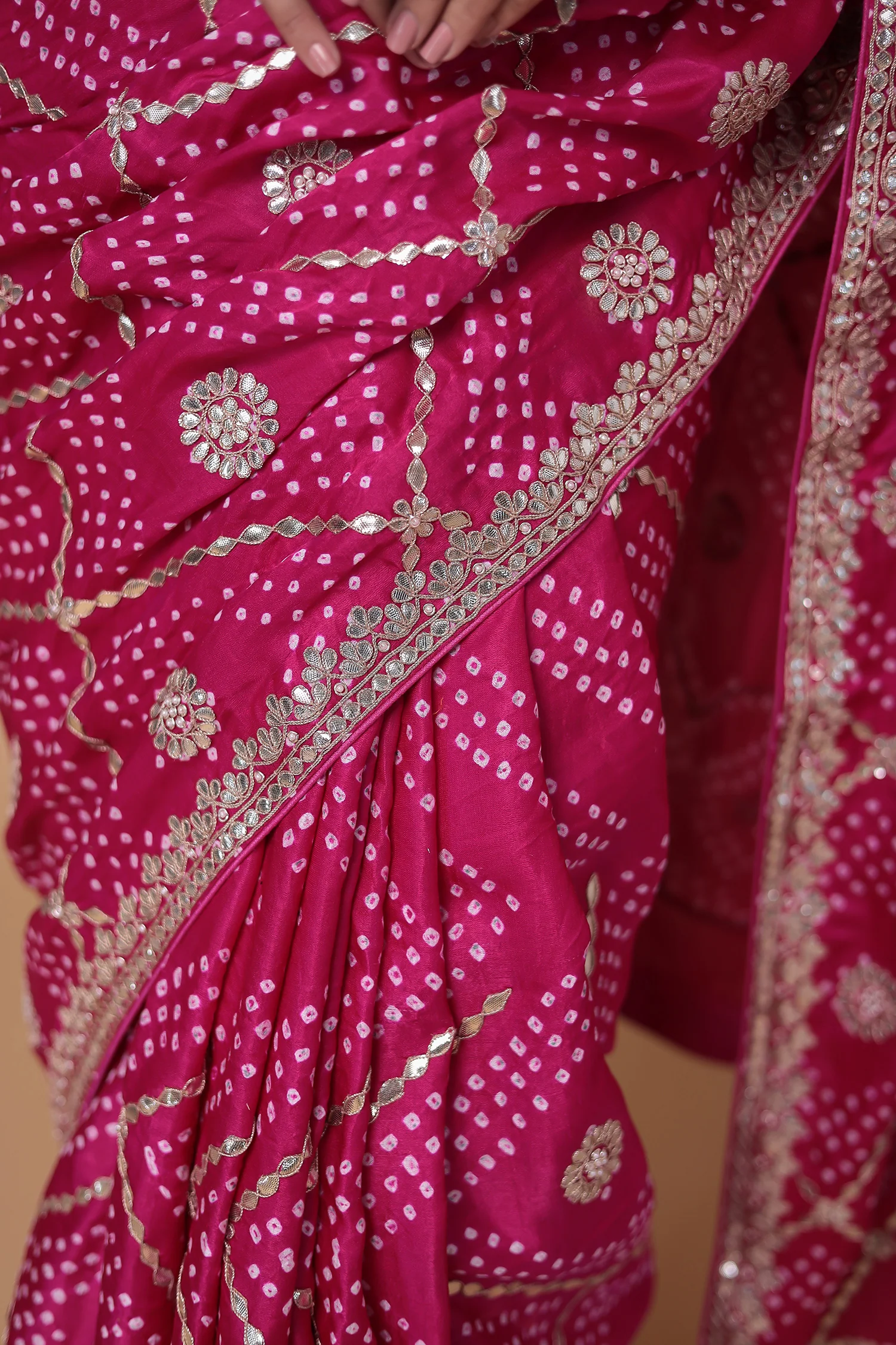 Bandhej Gajji Silk Saree with Dori and Gota Patti work - Image 4