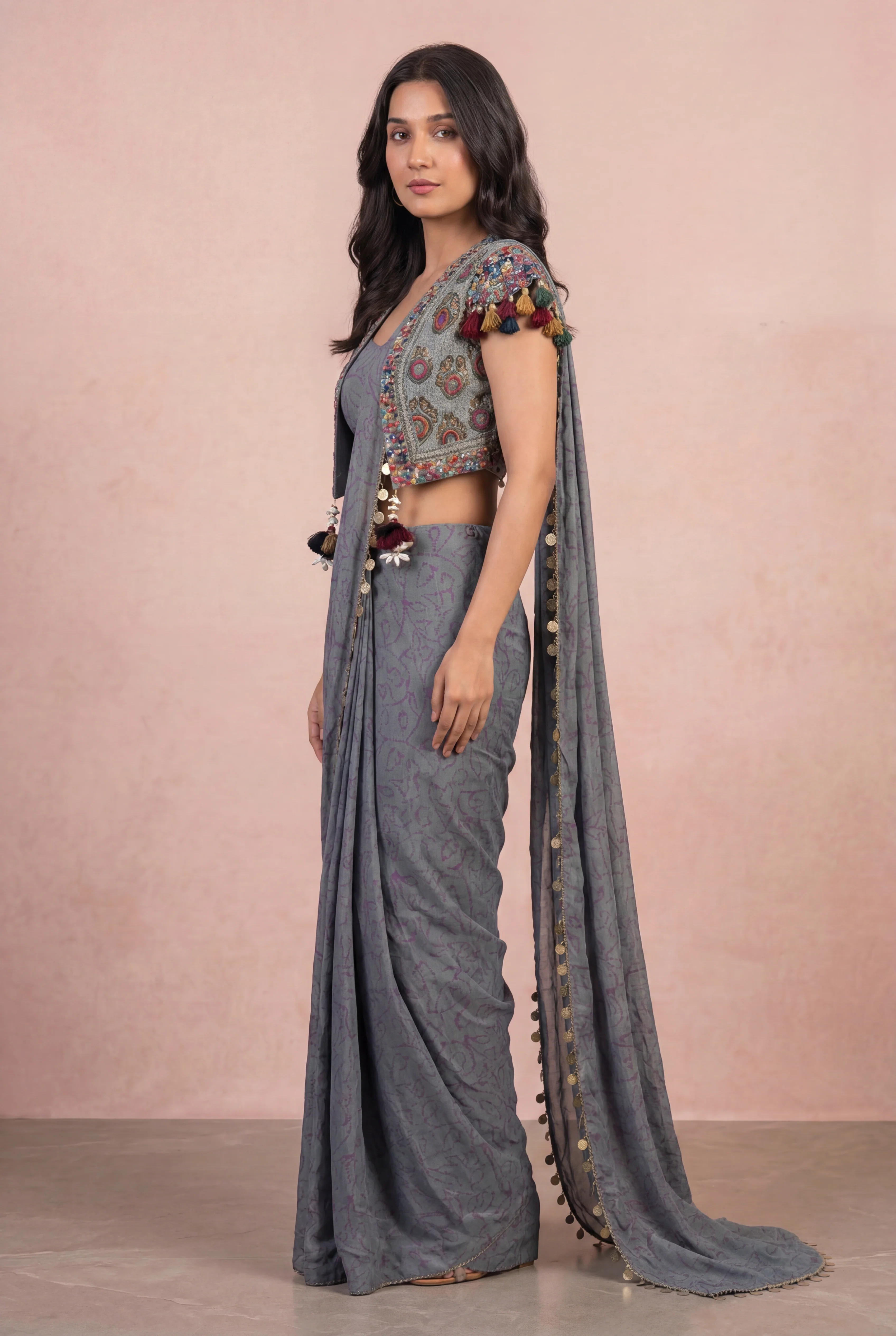 Georgette Indowestern with Mirror, Thread, Zardozi, Zari work. - Image 3