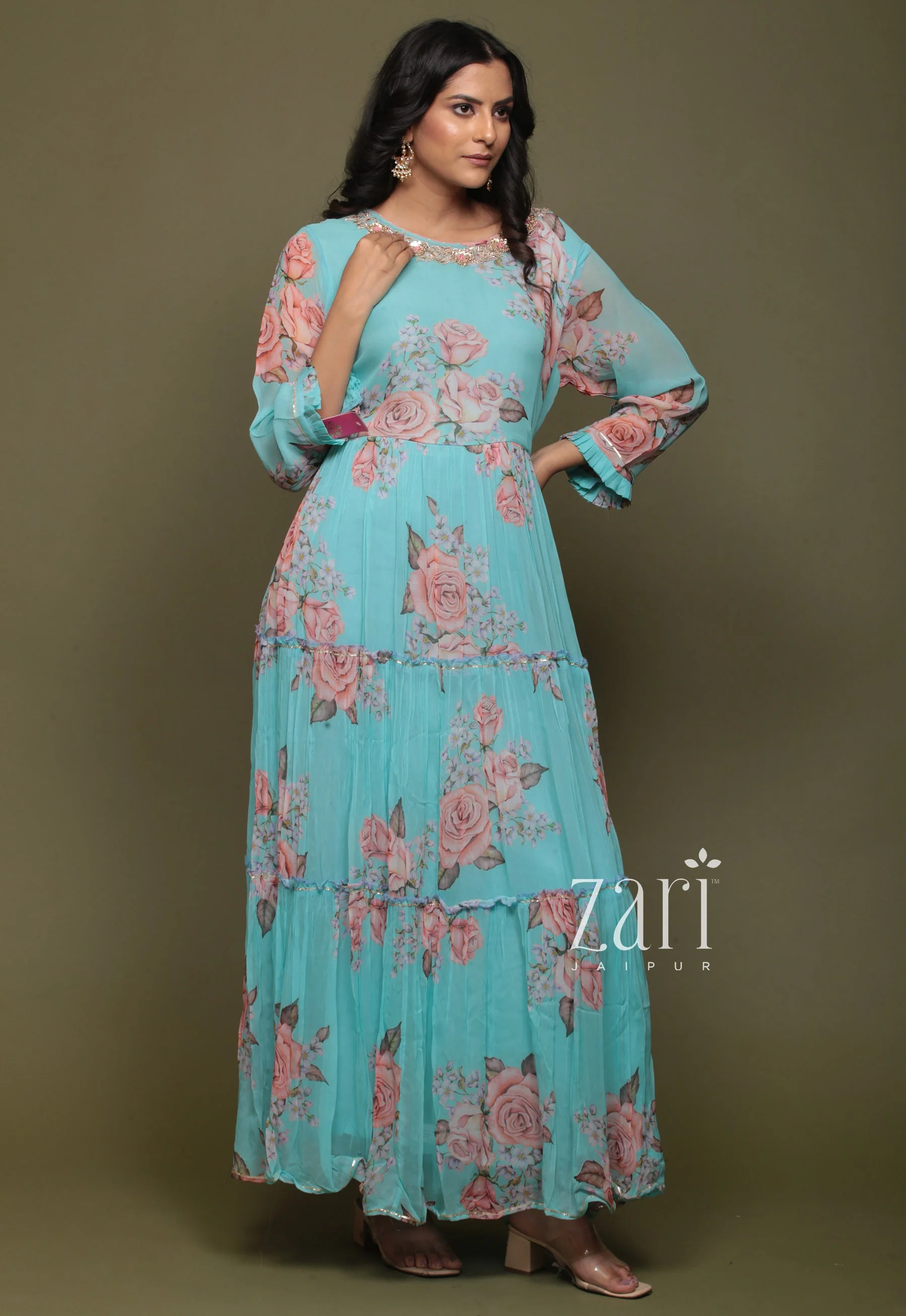 Georgette Kurta with Aari, Digital Print, Gota Patti, Sequins, Thread, Zardozi work. - Image 7