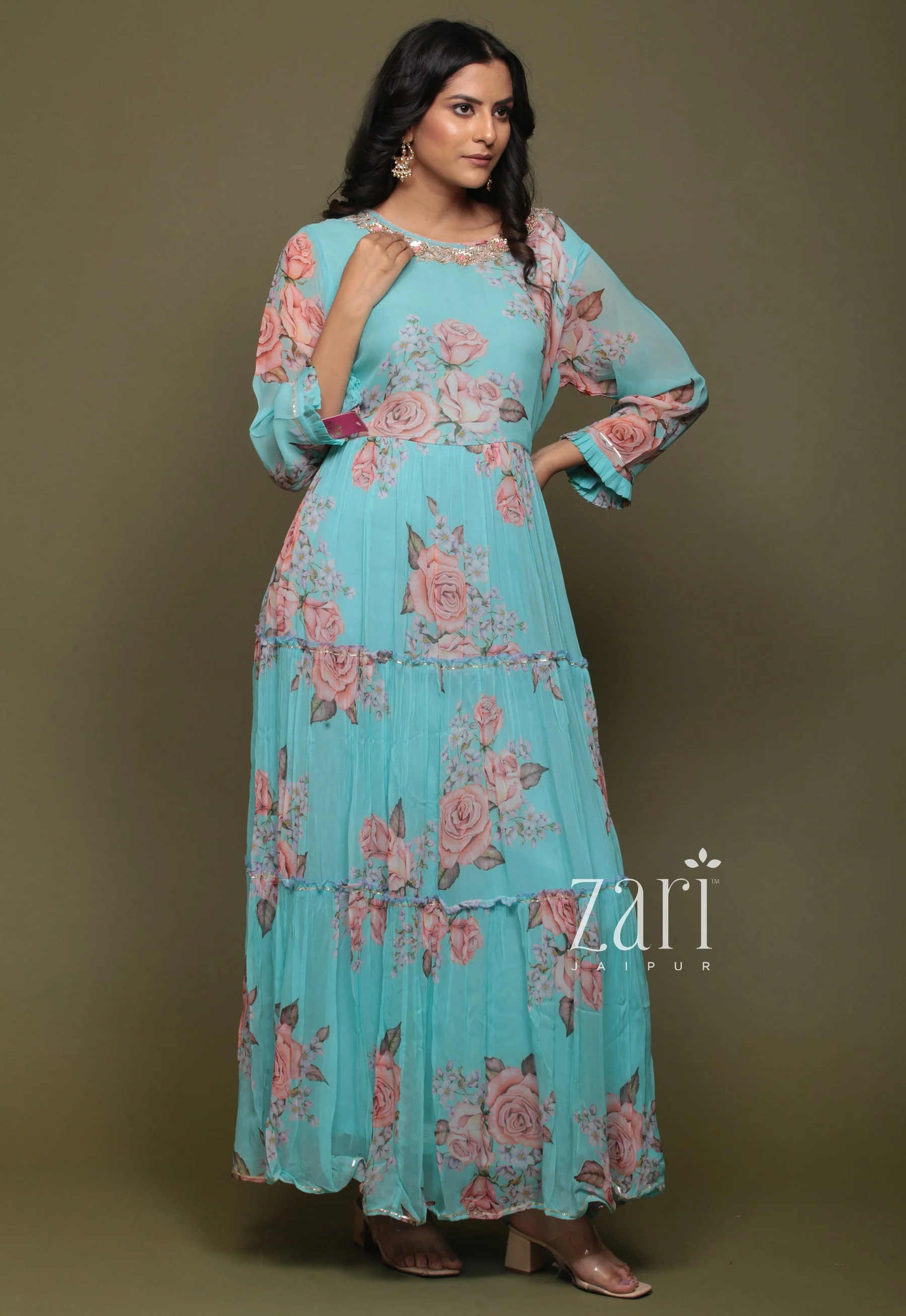 Georgette Kurta with Aari, Digital Print, Gota Patti, Sequins, Thread, Zardozi work. - Image 10