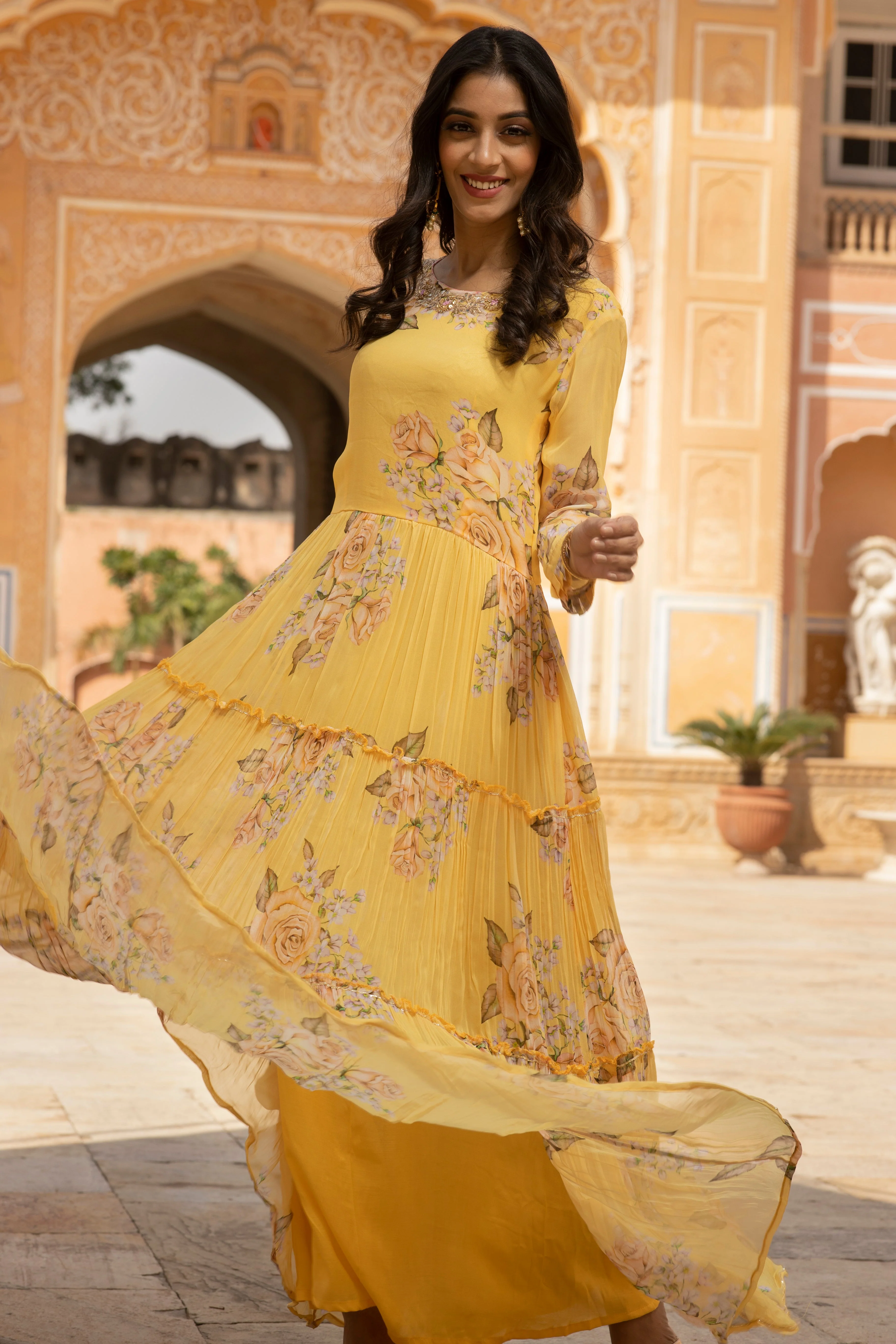 Georgette Kurta with Aari, Digital Print, Gota Patti, Sequins, Thread, Zardozi work. - Image 3