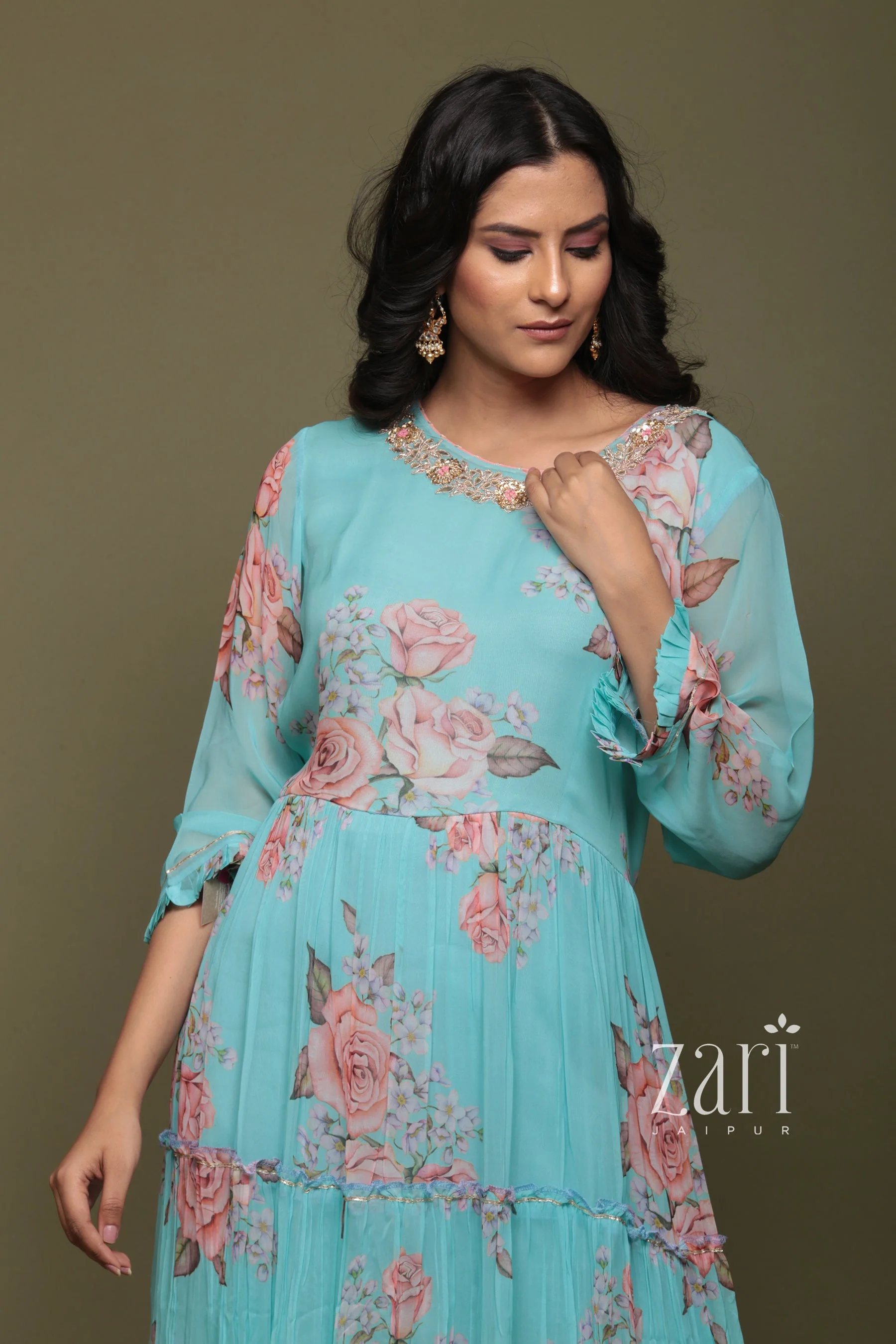 Georgette Kurta with Aari, Digital Print, Gota Patti, Sequins, Thread, Zardozi work. - Image 6