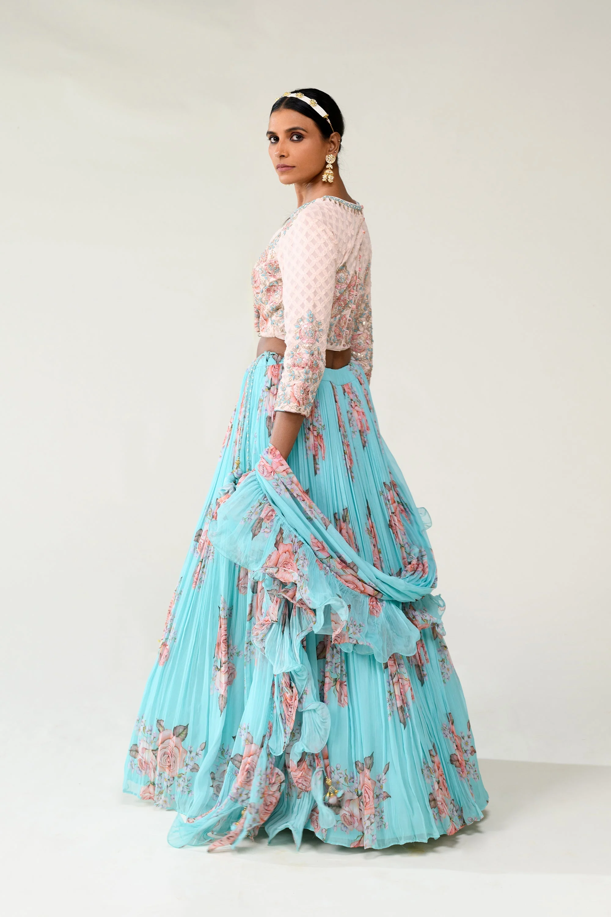 Floral Printed Lehenga with Applique Work and Ruffled Duppatta. - Image 3