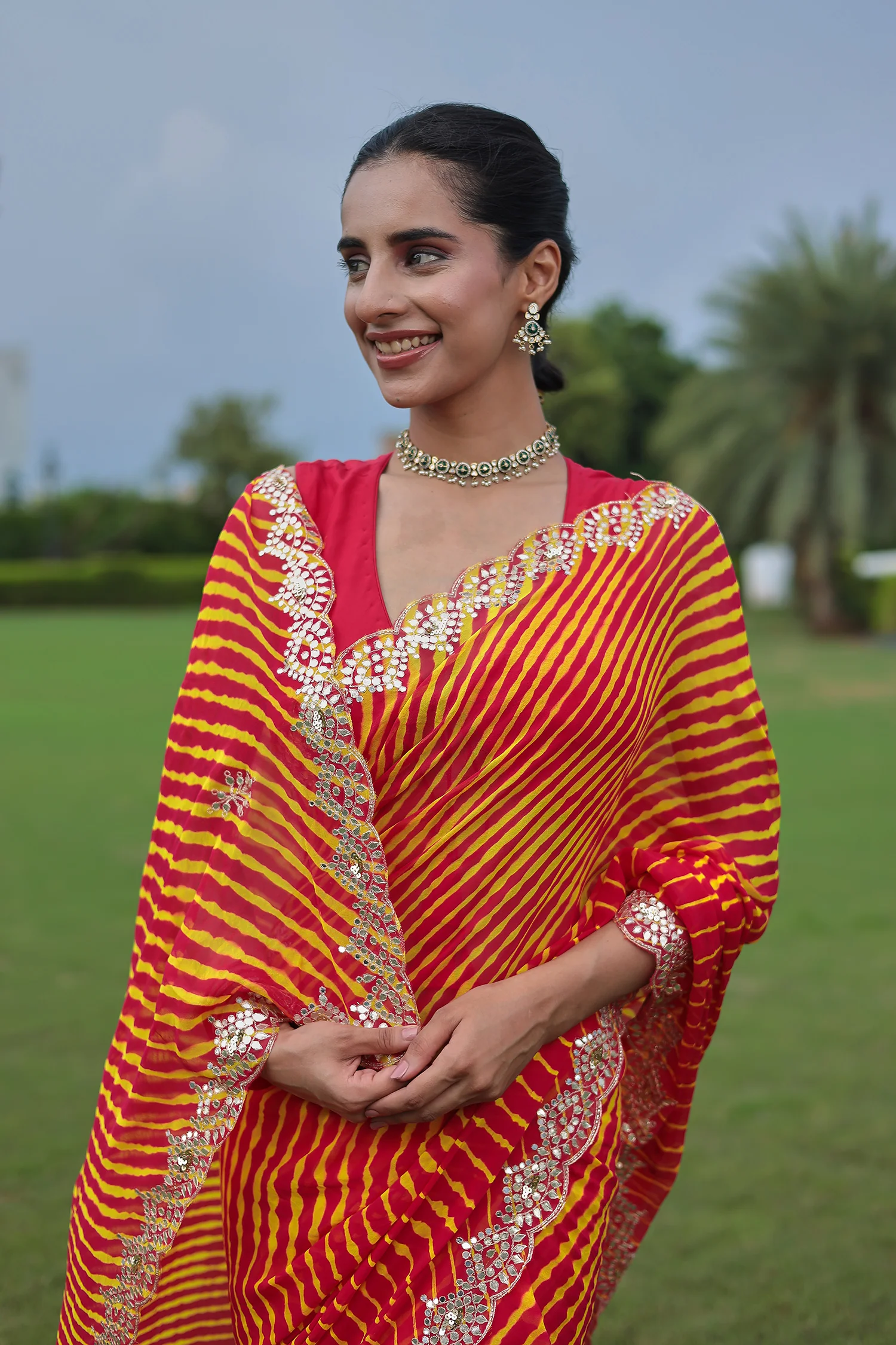 Leheriya Georgette Saree with Aari and Gota Patti work - Image 2
