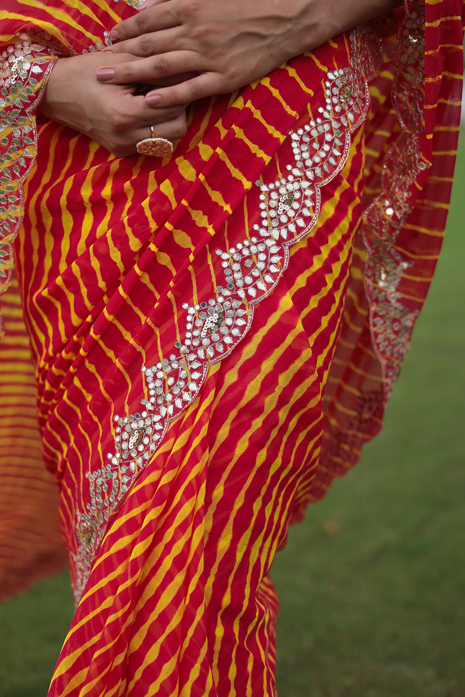 Leheriya Georgette Saree with Aari and Gota Patti work - Image 4