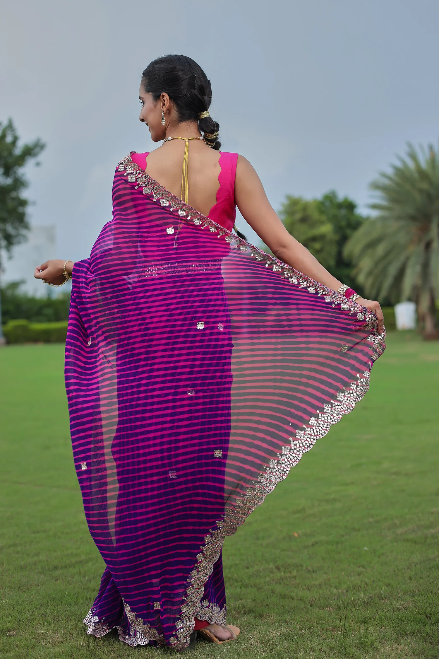 Leheriya Georgette Saree with Aari and Gota Patti work - Image 13