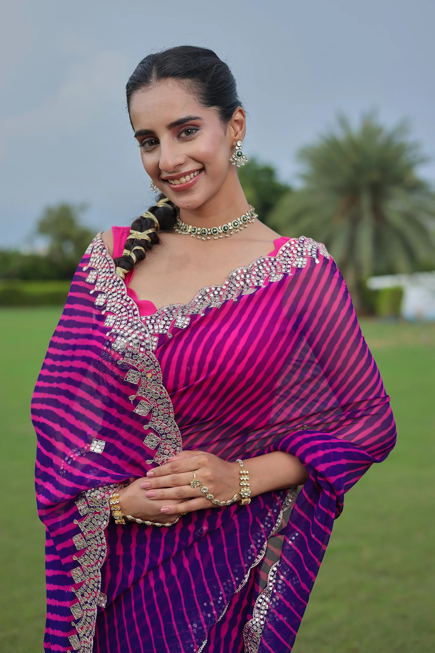 Leheriya Georgette Saree with Aari and Gota Patti work - Image 9