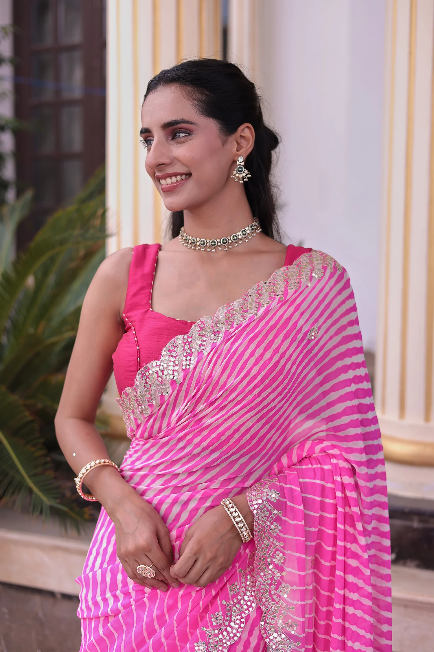 Leheriya Georgette Saree with Aari and Gota Patti work - Image 9