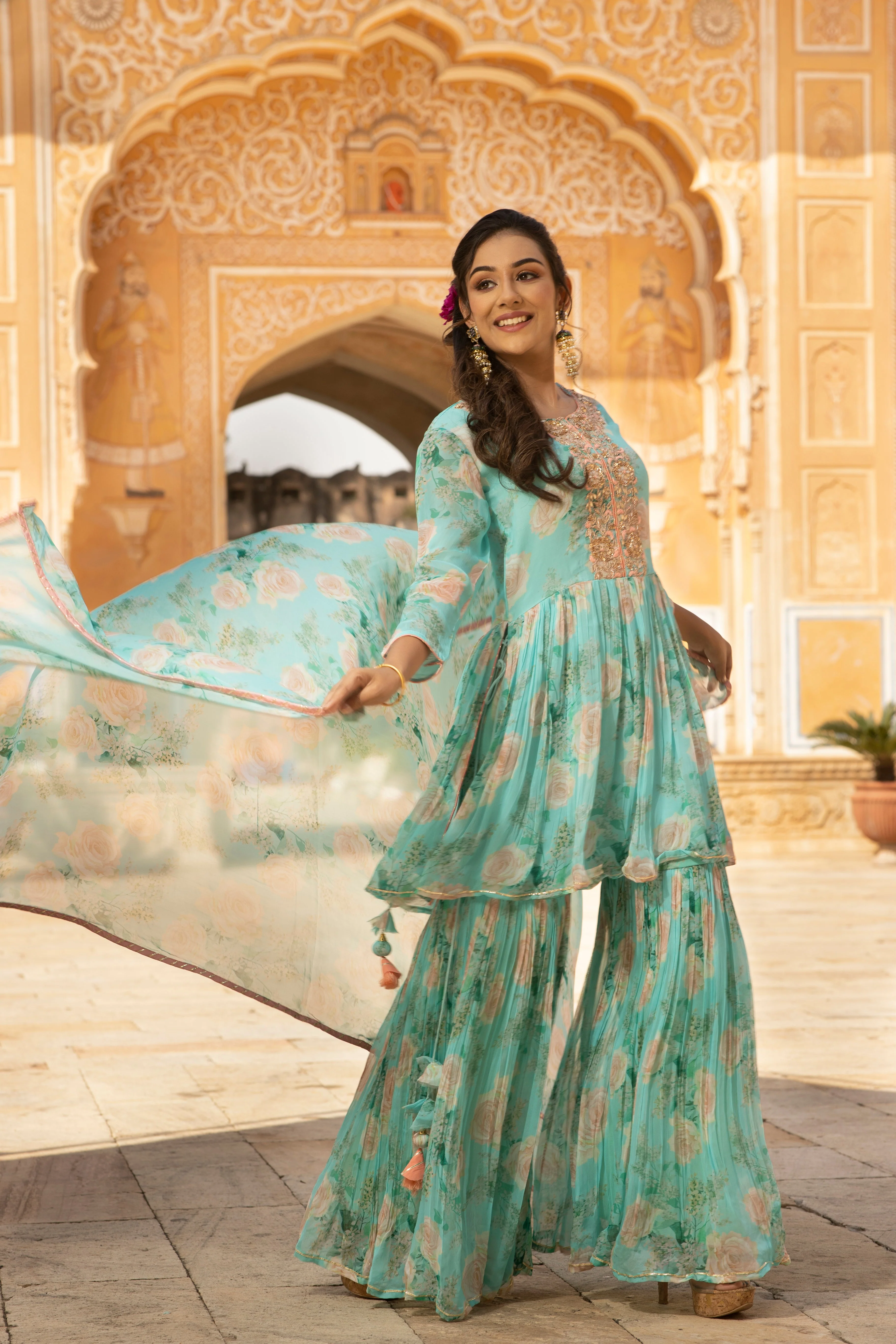 Printed Georgette Peplum kurta with Sharara in Digital Print - Image 4
