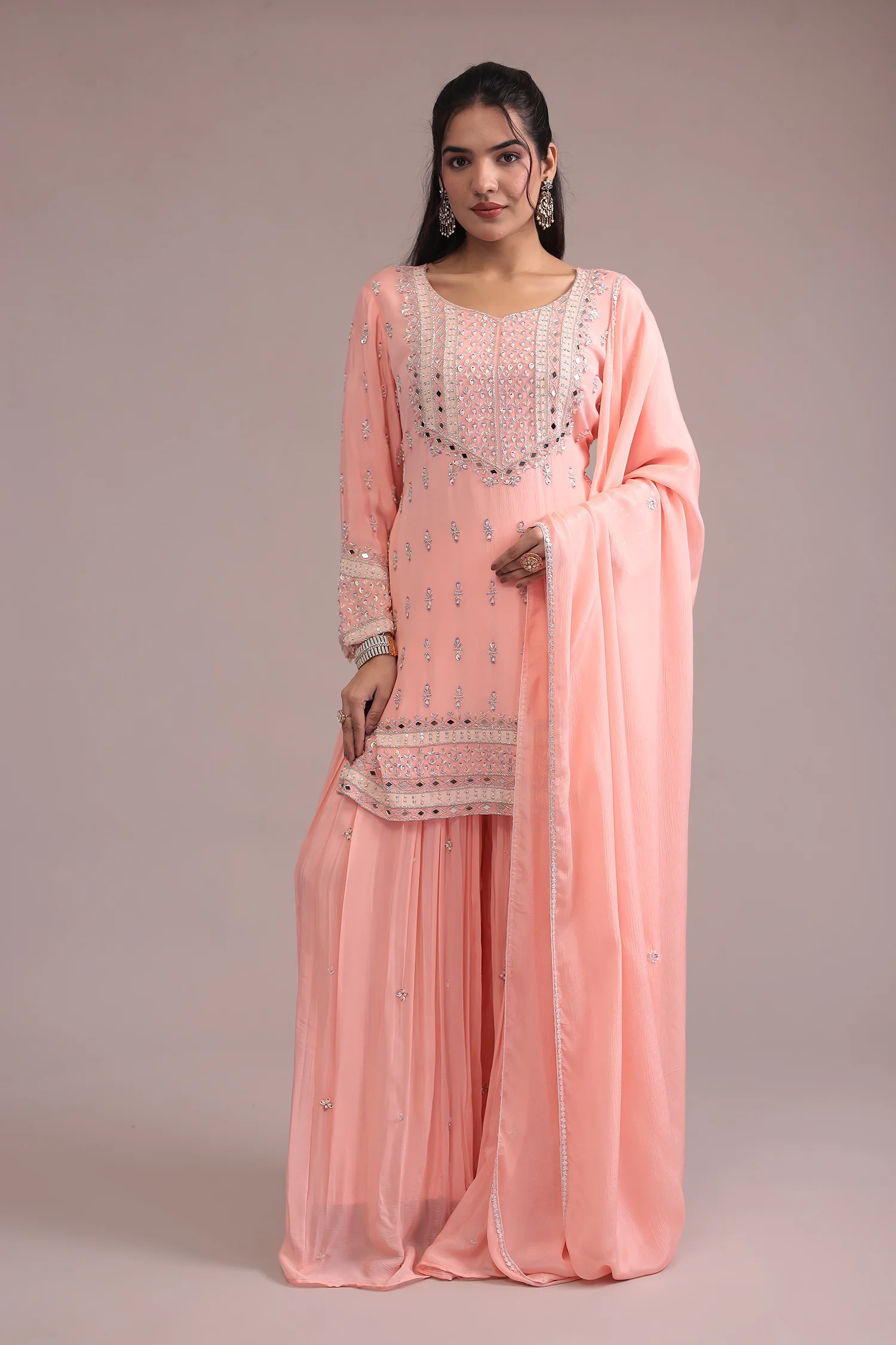 Peach Georgette  Suit Set with Cutdana, Mirror and Pearl work - Image 3