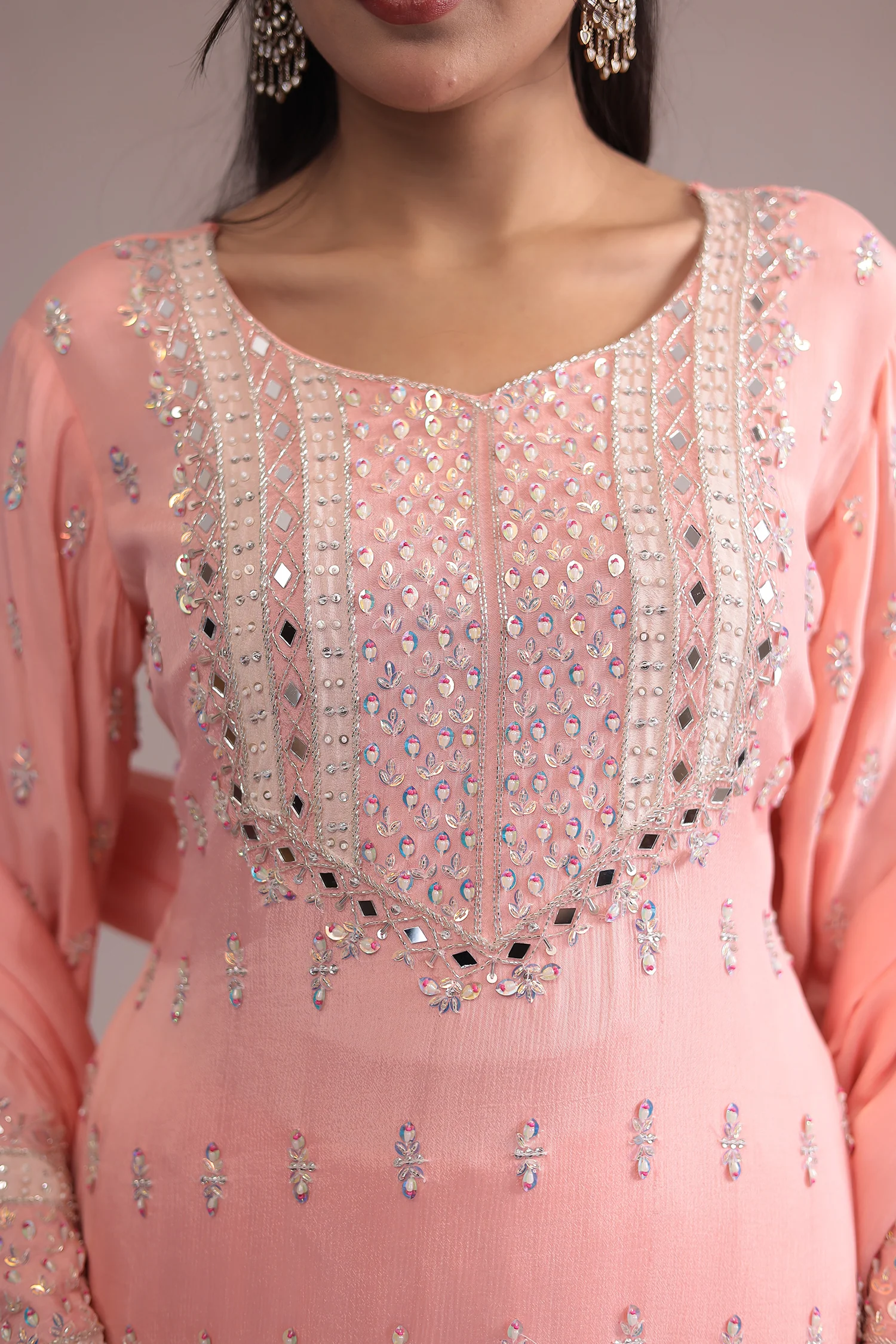 Peach Georgette  Suit Set with Cutdana, Mirror and Pearl work - Image 4