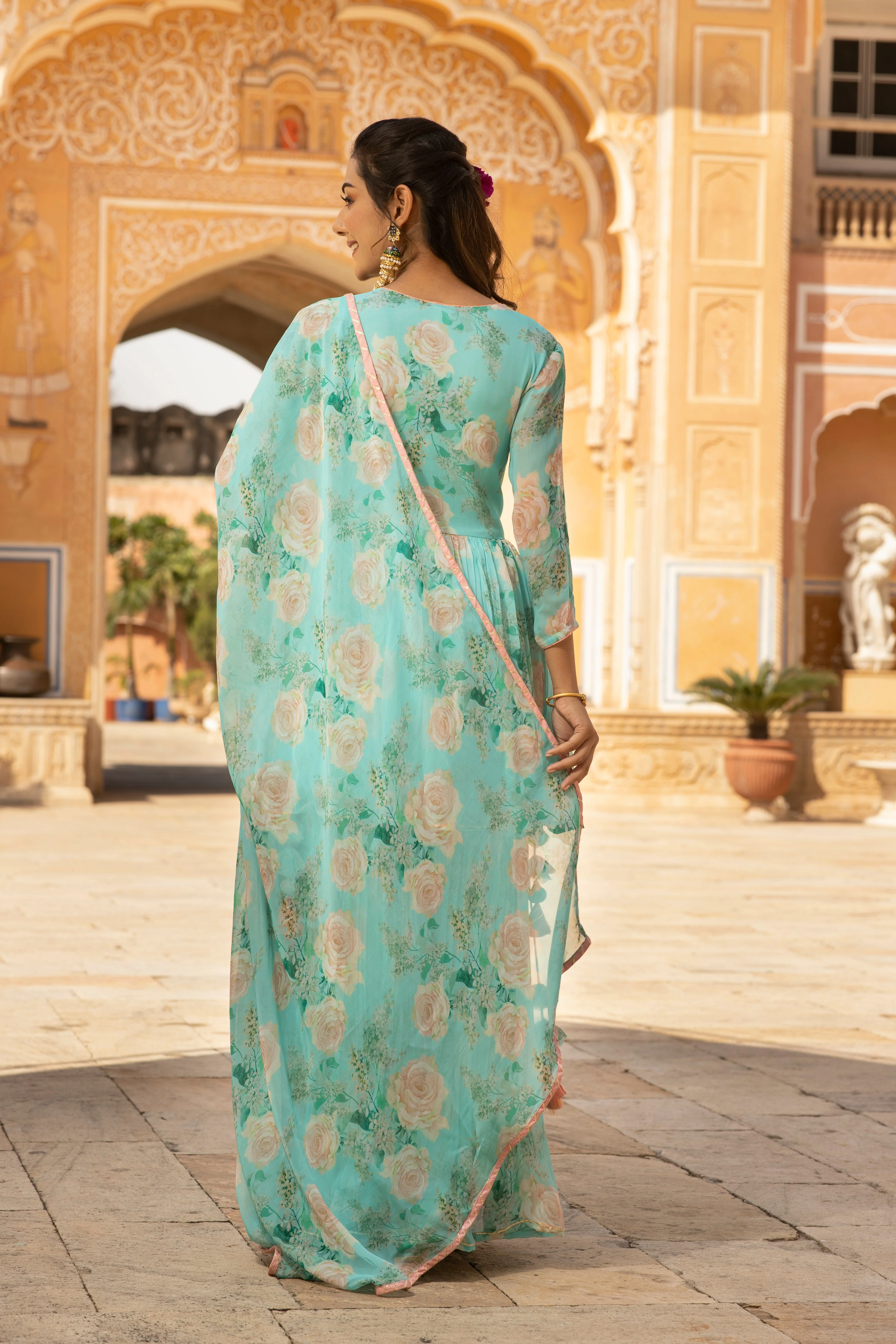 Printed Georgette Peplum kurta with Sharara in Digital Print - Image 2