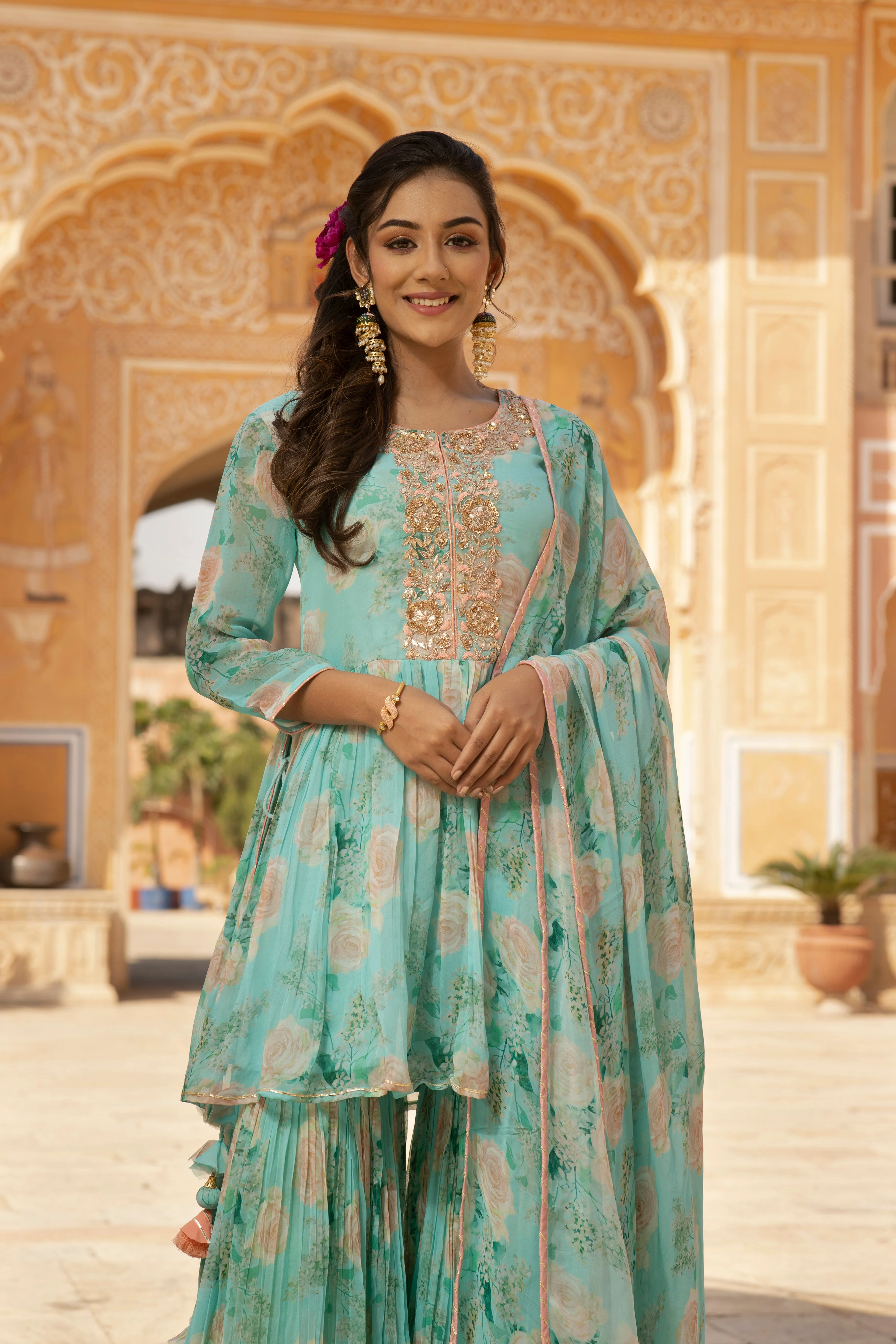 Printed Georgette Peplum kurta with Sharara in Digital Print - Image 3
