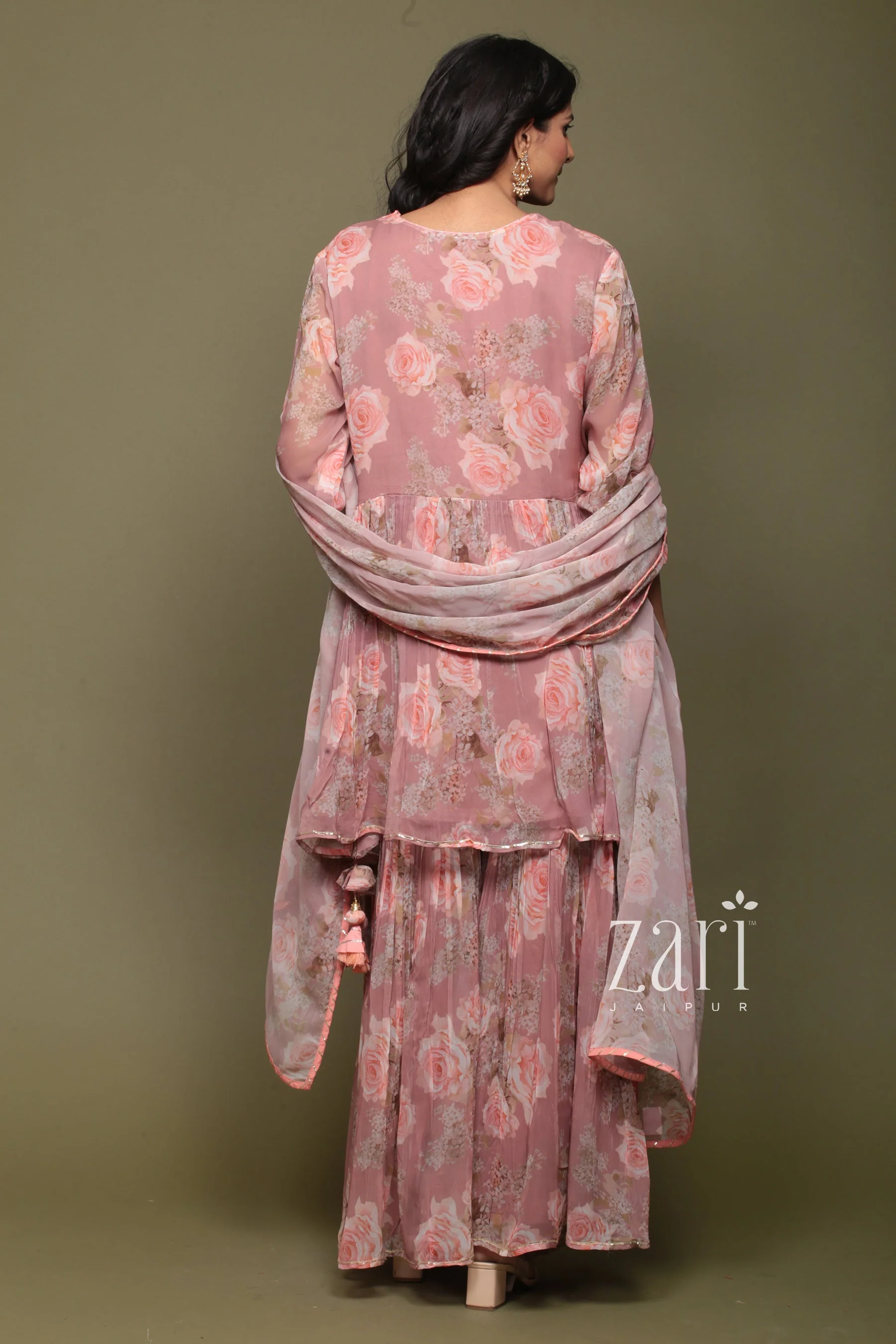 Printed Georgette Peplum kurta with Sharara in Digital Print - Image 5