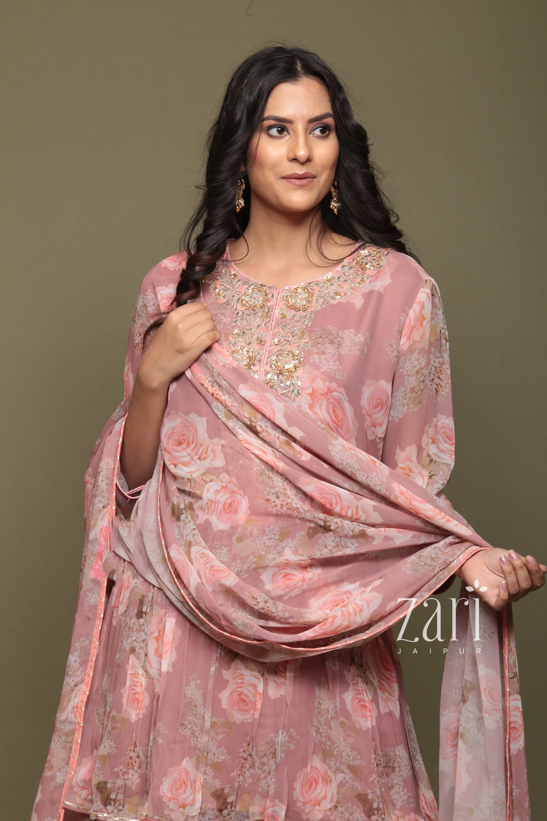 Printed Georgette Peplum kurta with Sharara in Digital Print - Image 6