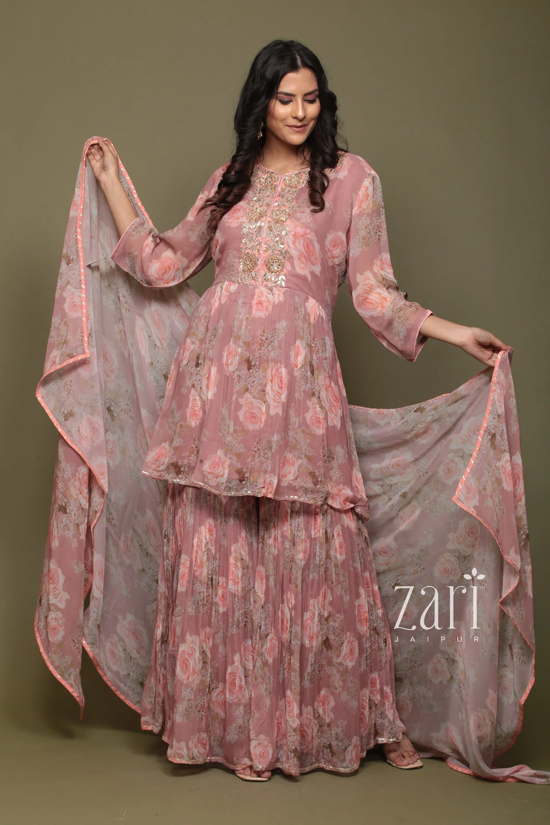 Printed Georgette Peplum kurta with Sharara in Digital Print - Image 7