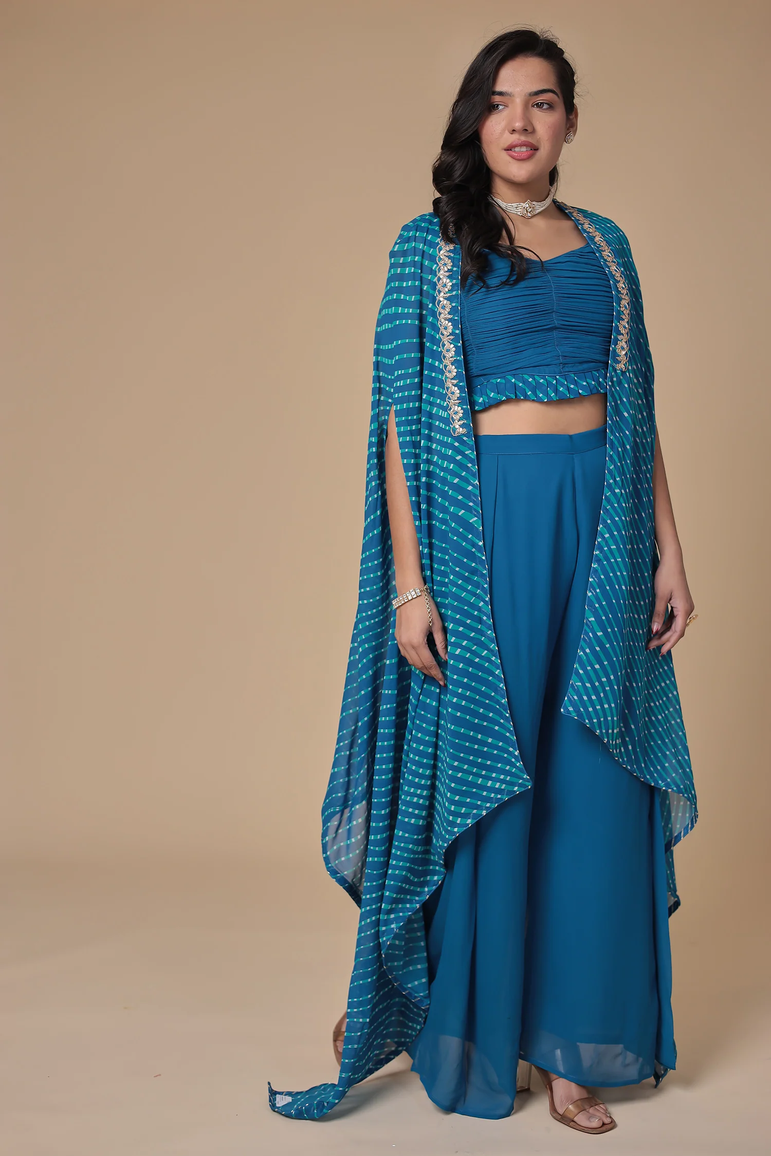 Mothra Georgette Palazzo Suit with Embroidered Cape Jacket - Image 3