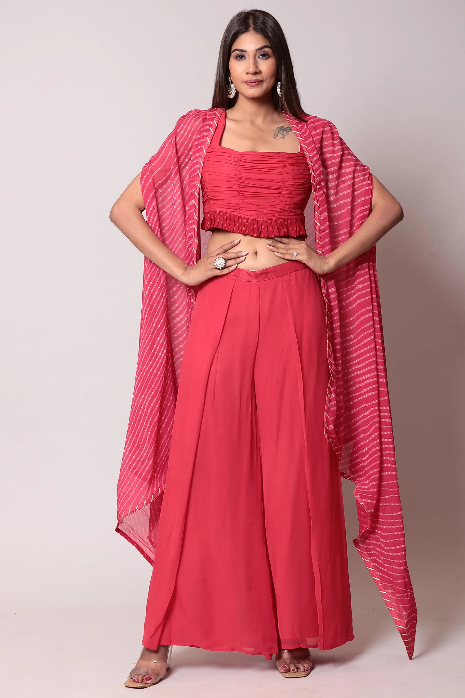 Mothra Georgette Palazzo Suit with Embroidered Cape Jacket - Image 5