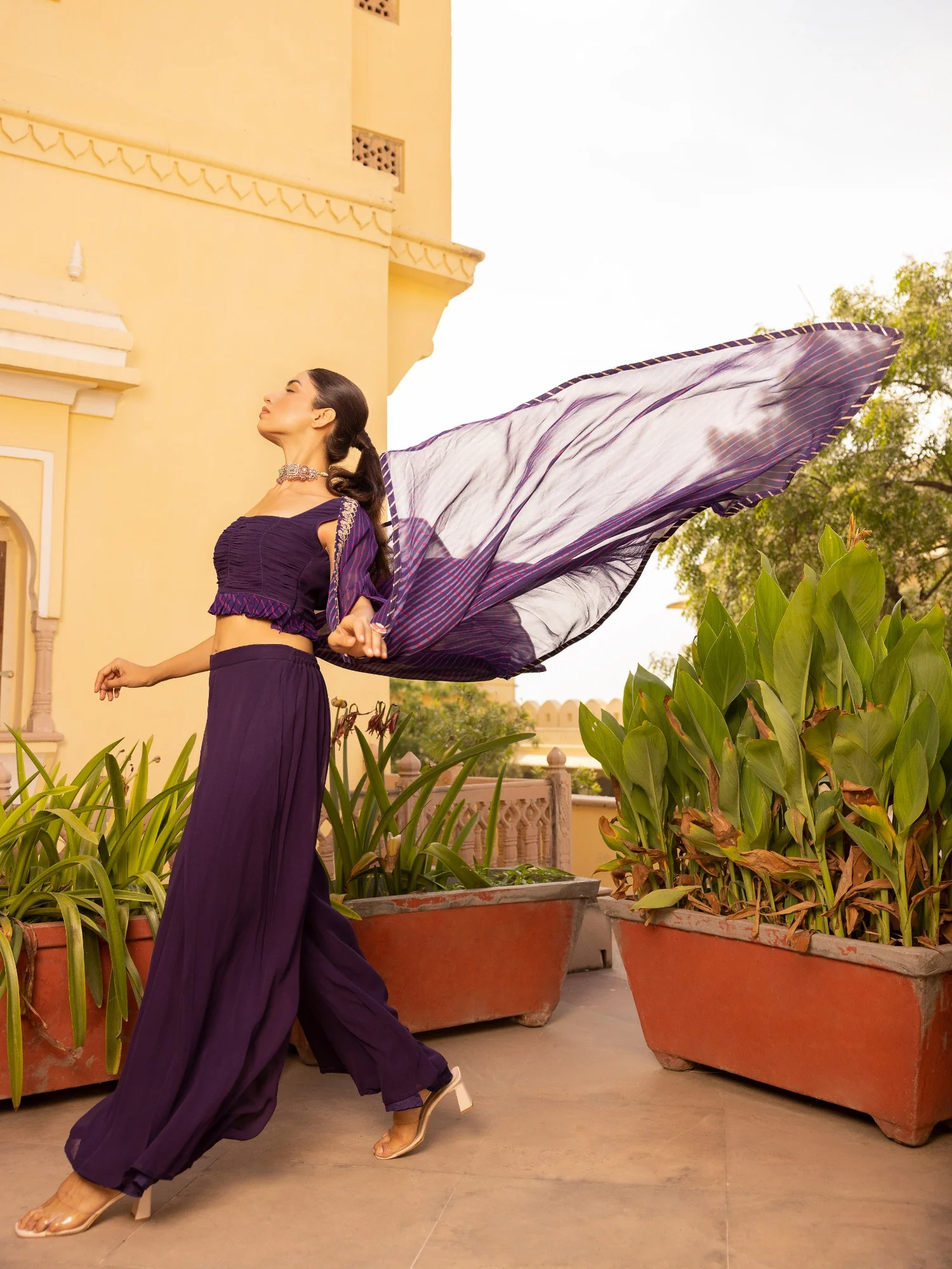 Mothra Georgette Palazzo Suit with Embroidered Cape Jacket - Image 7