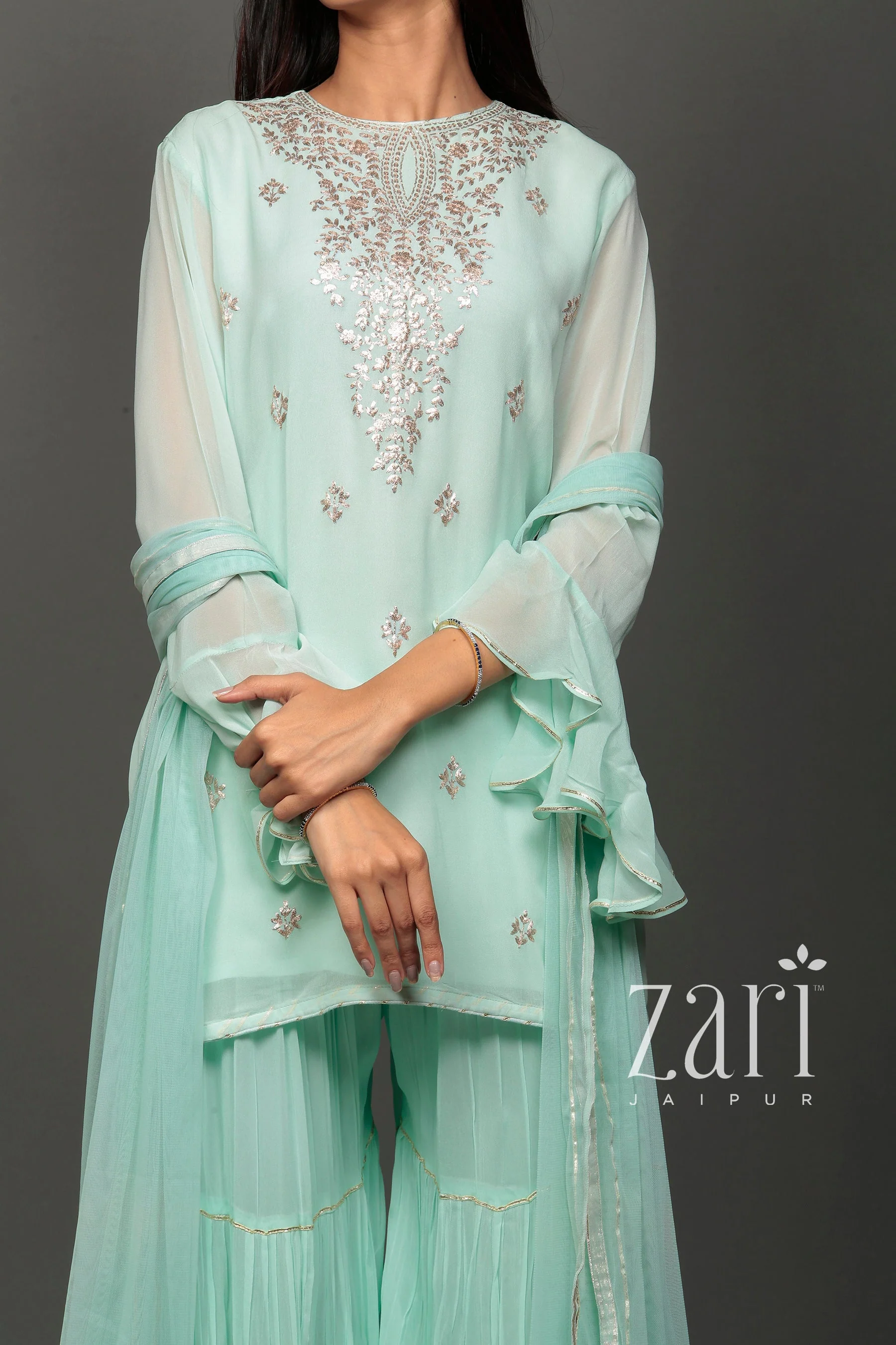 Georgette Straight Sharara Suit with Pittan work. - Image 6