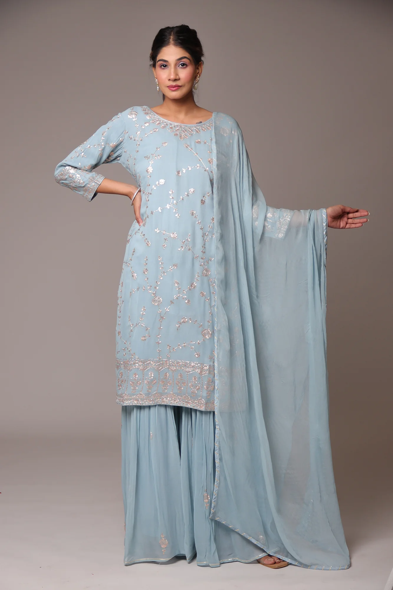 Georgette Straight Cut Sharara Suit with Pittan work. - Image 2