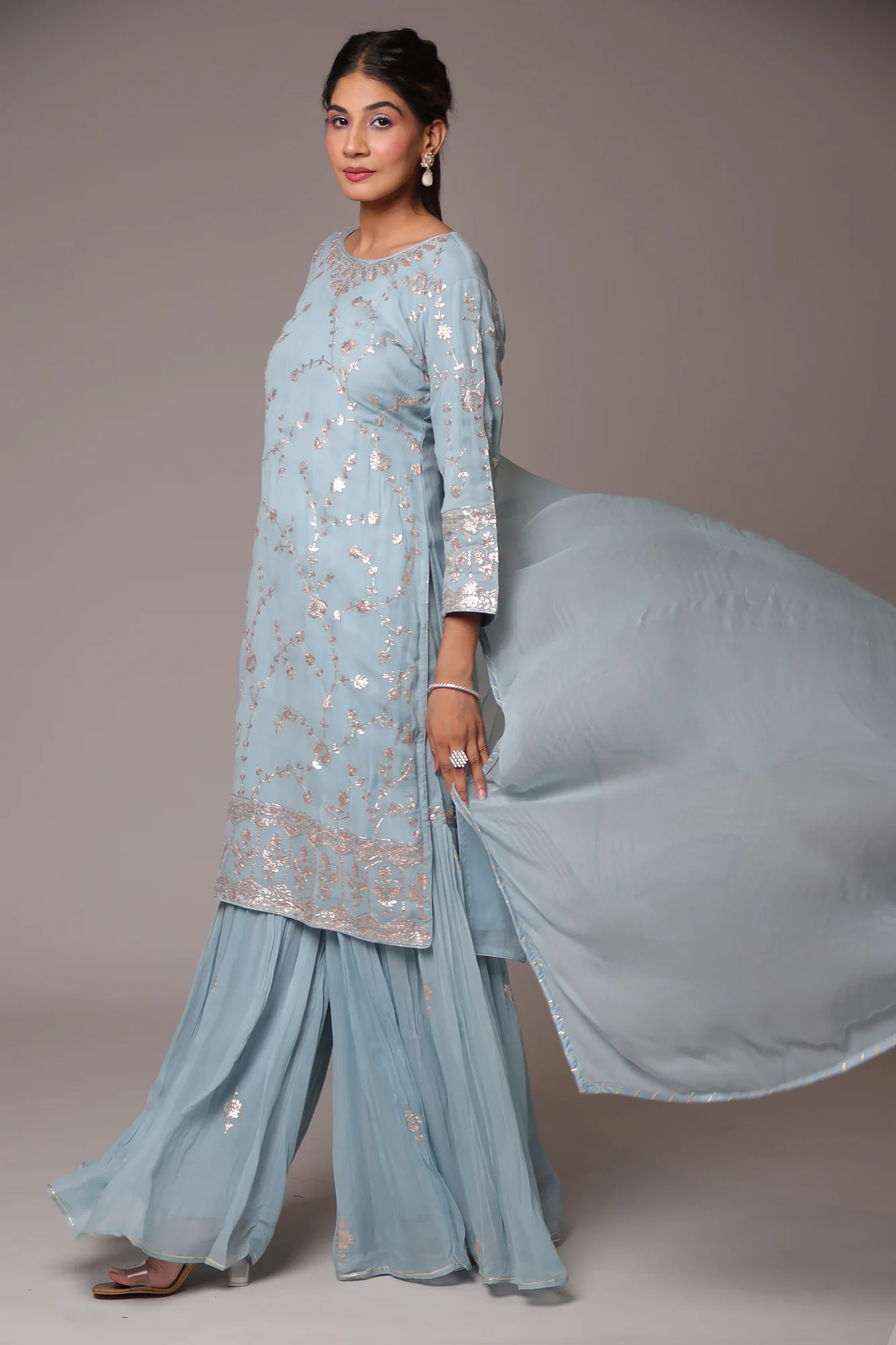 Georgette Straight Cut Sharara Suit with Pittan work. - Image 4
