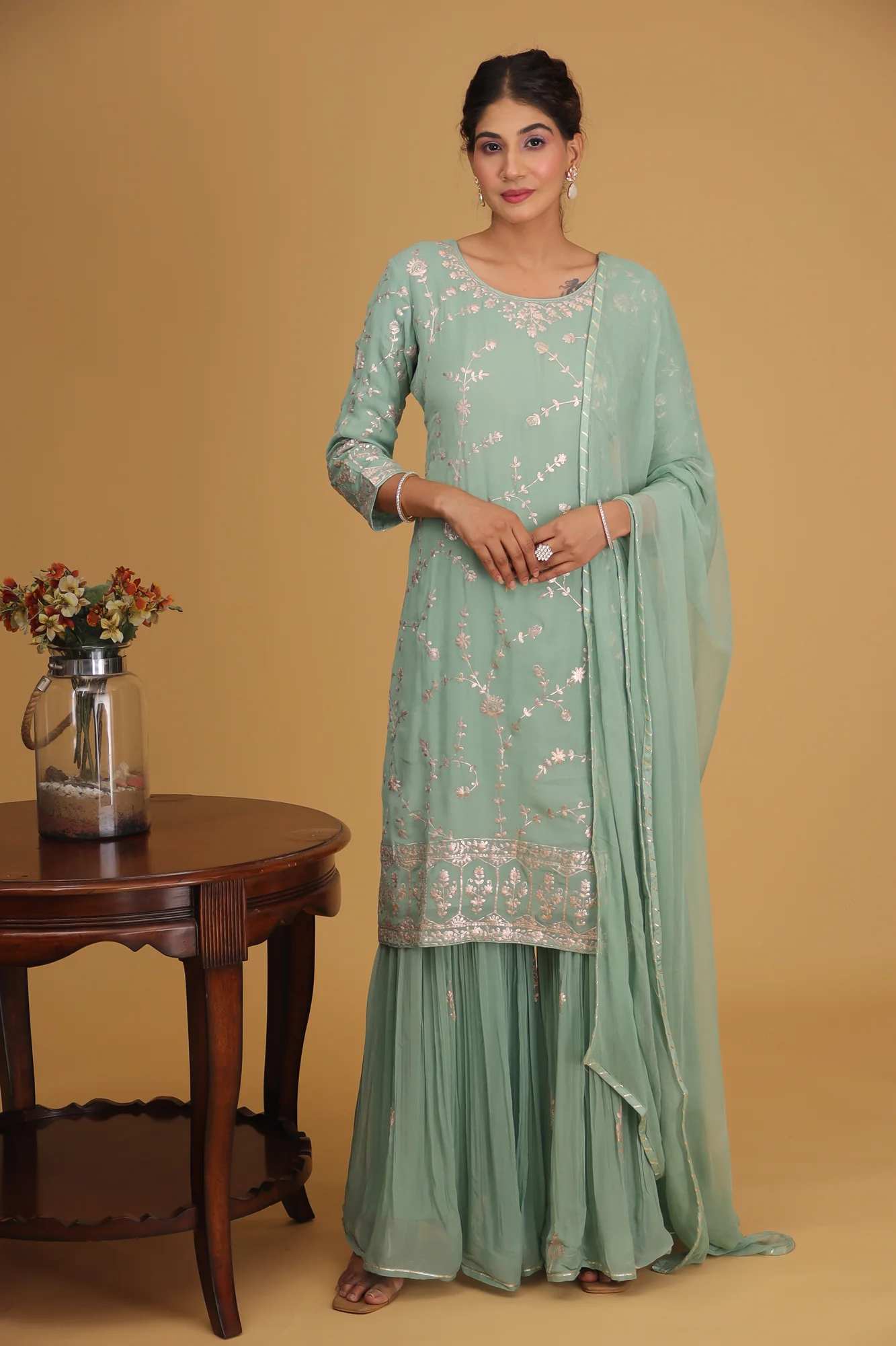 Georgette Straight Cut Sharara Suit with Pittan work. - Image 2