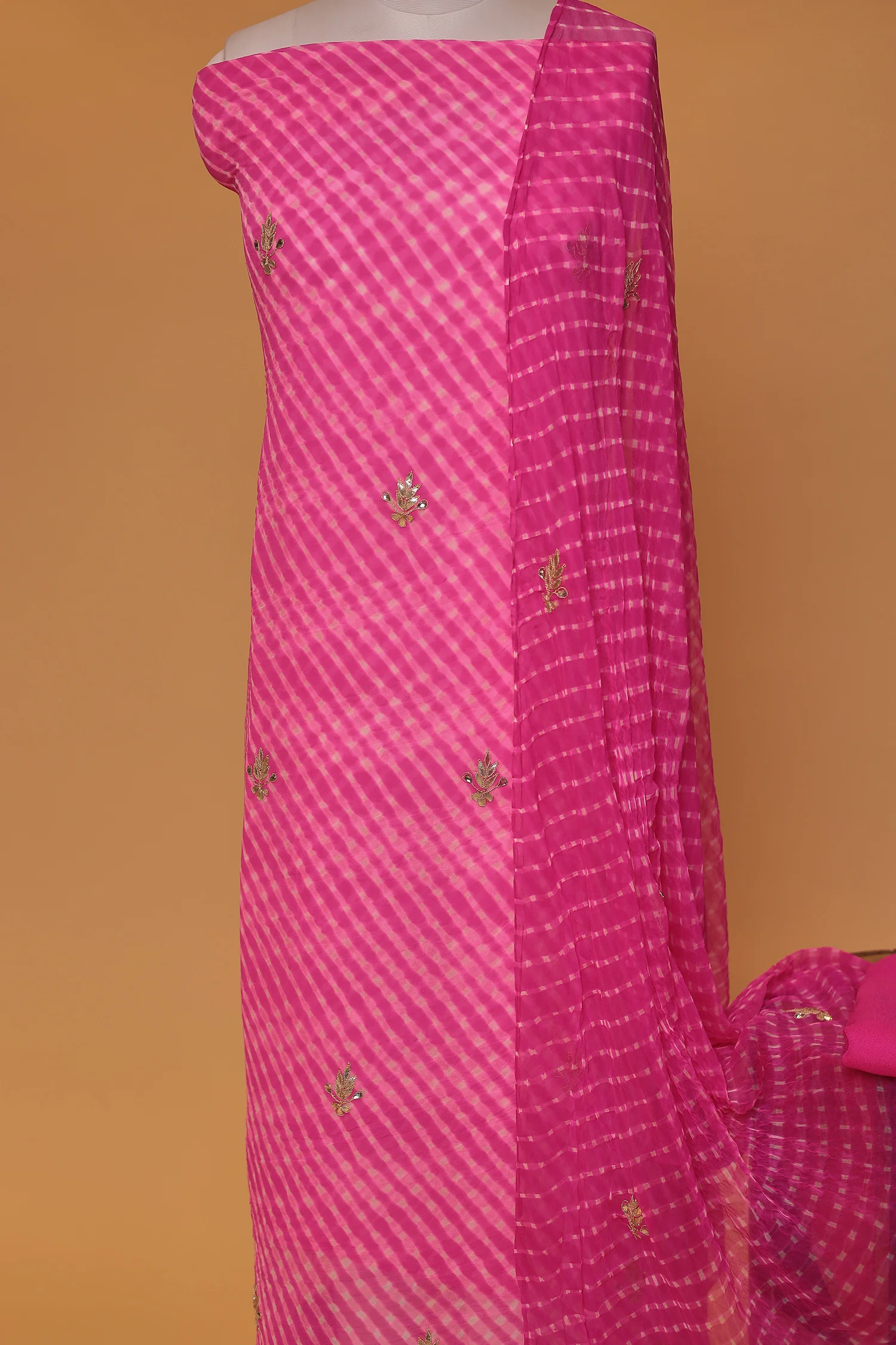 Leheriya Chinon Unstitched Suit with Dori and Gota Patti work - Image 7