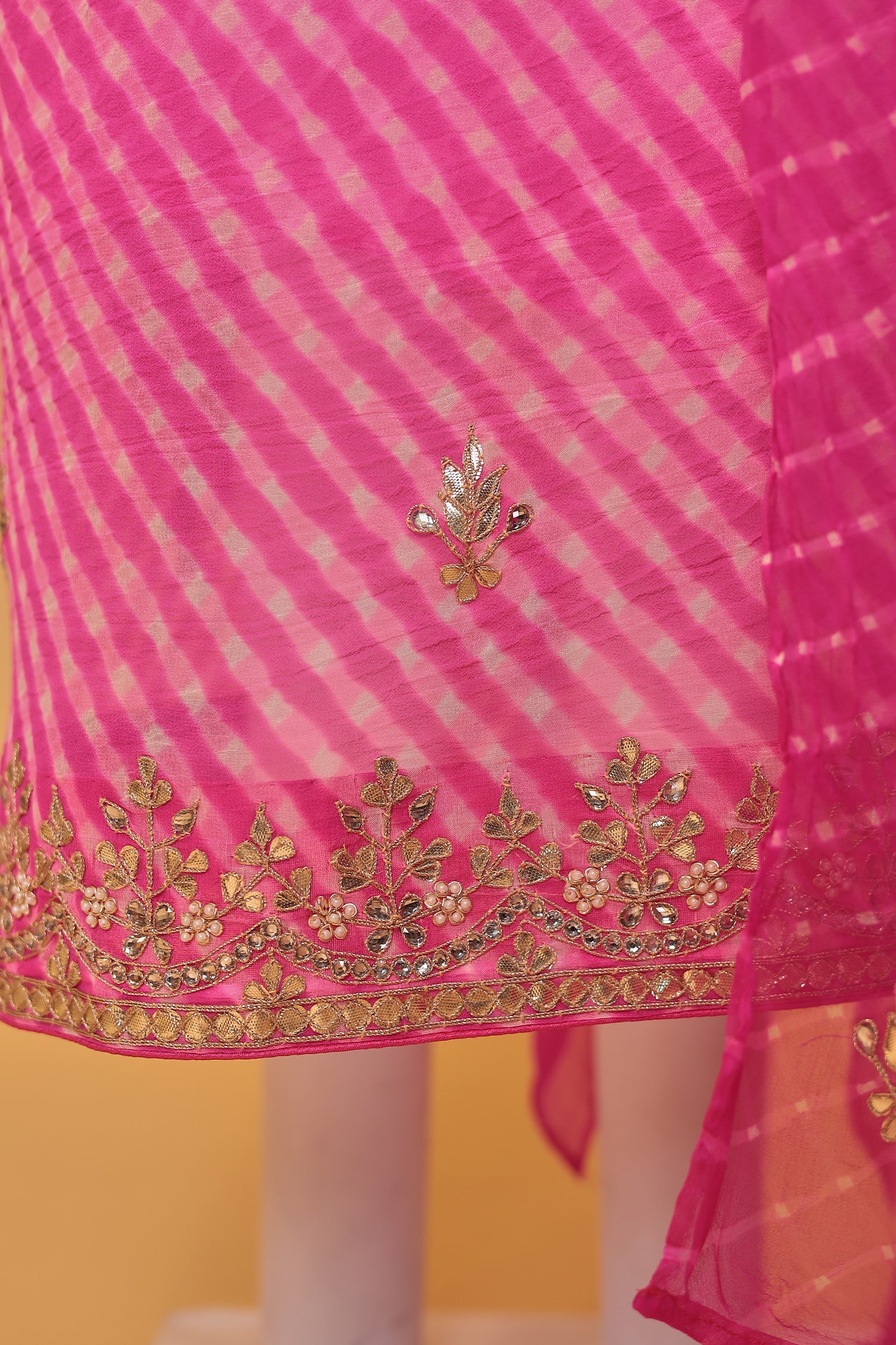 Leheriya Chinon Unstitched Suit with Dori and Gota Patti work - Image 4