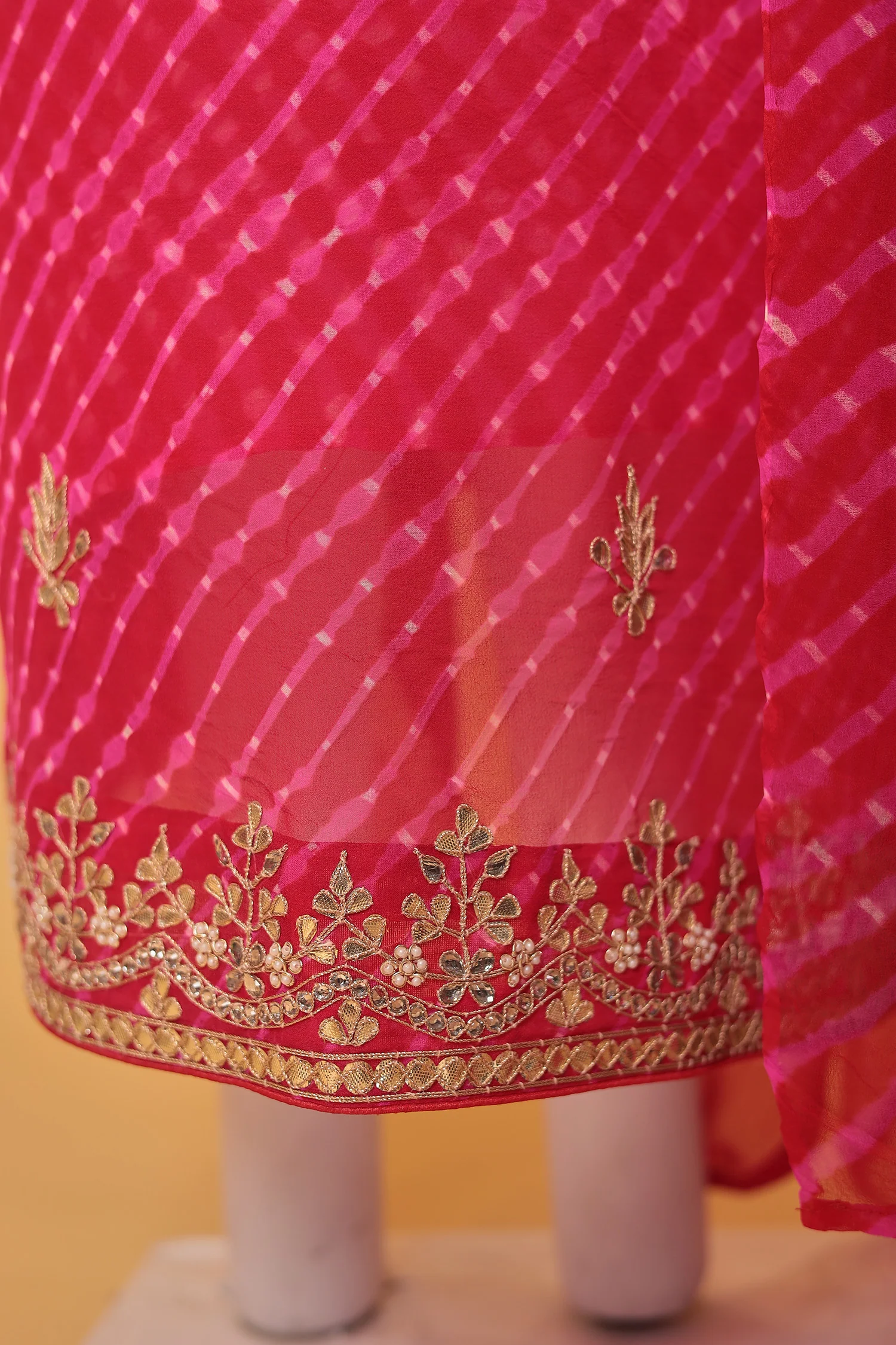Leheriya Chinon Unstitched Suit with Dori and Gota Patti work - Image 9