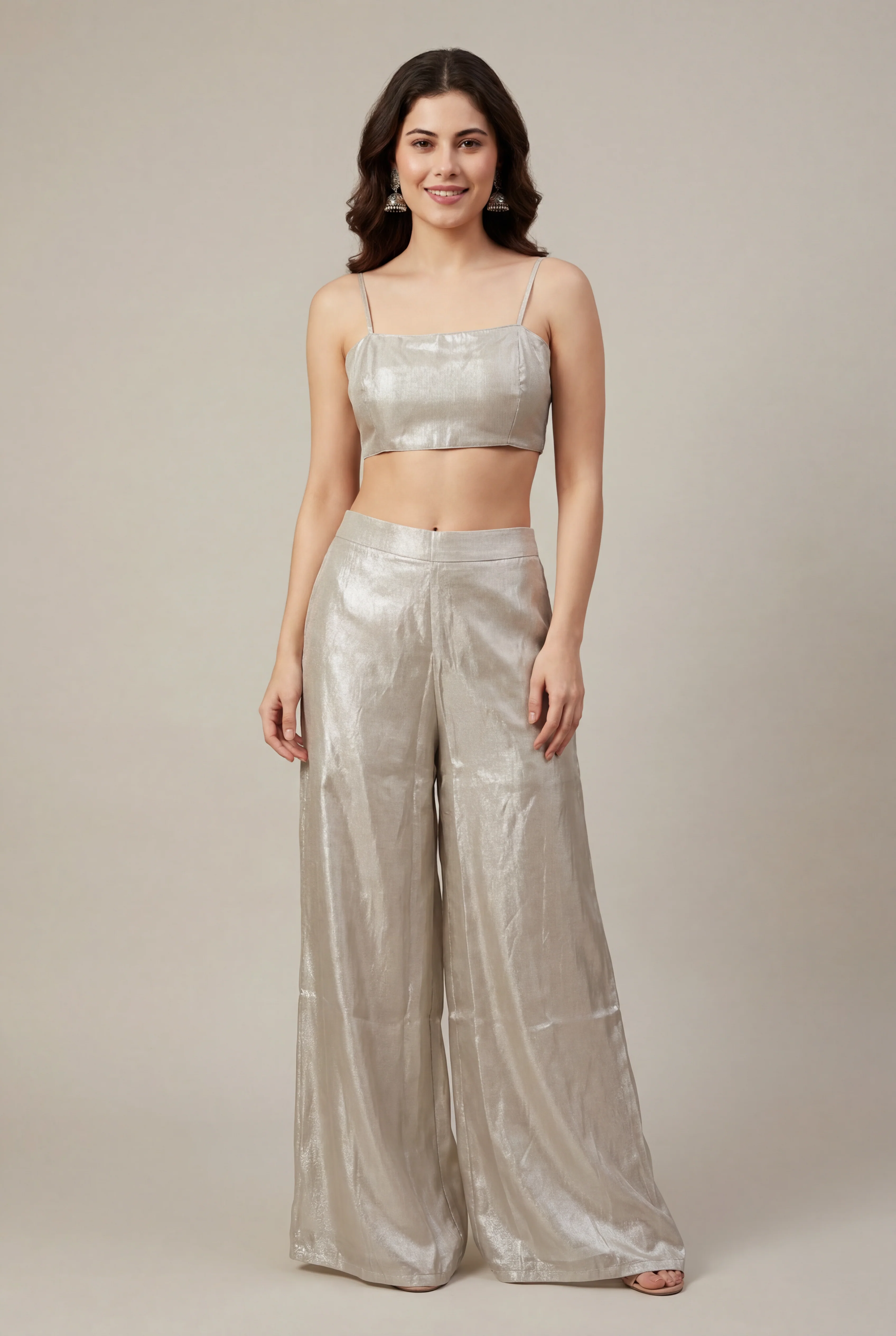 Glass Tissue Indowestern with Applique Work, Pearl, Thread work. - Image 10