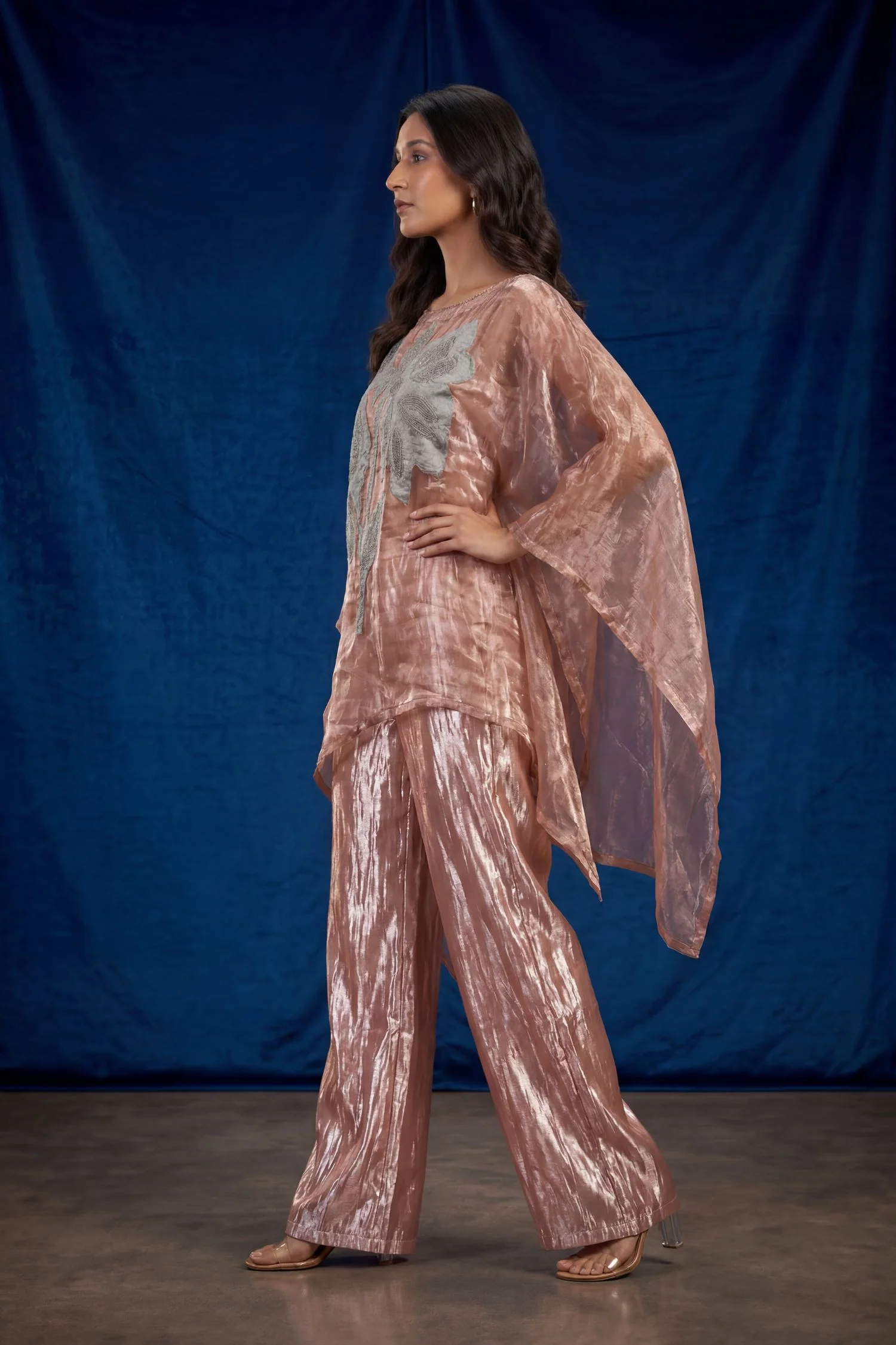 Glass Tissue Indowestern with Applique Work, Pearl, Thread work. - Image 5