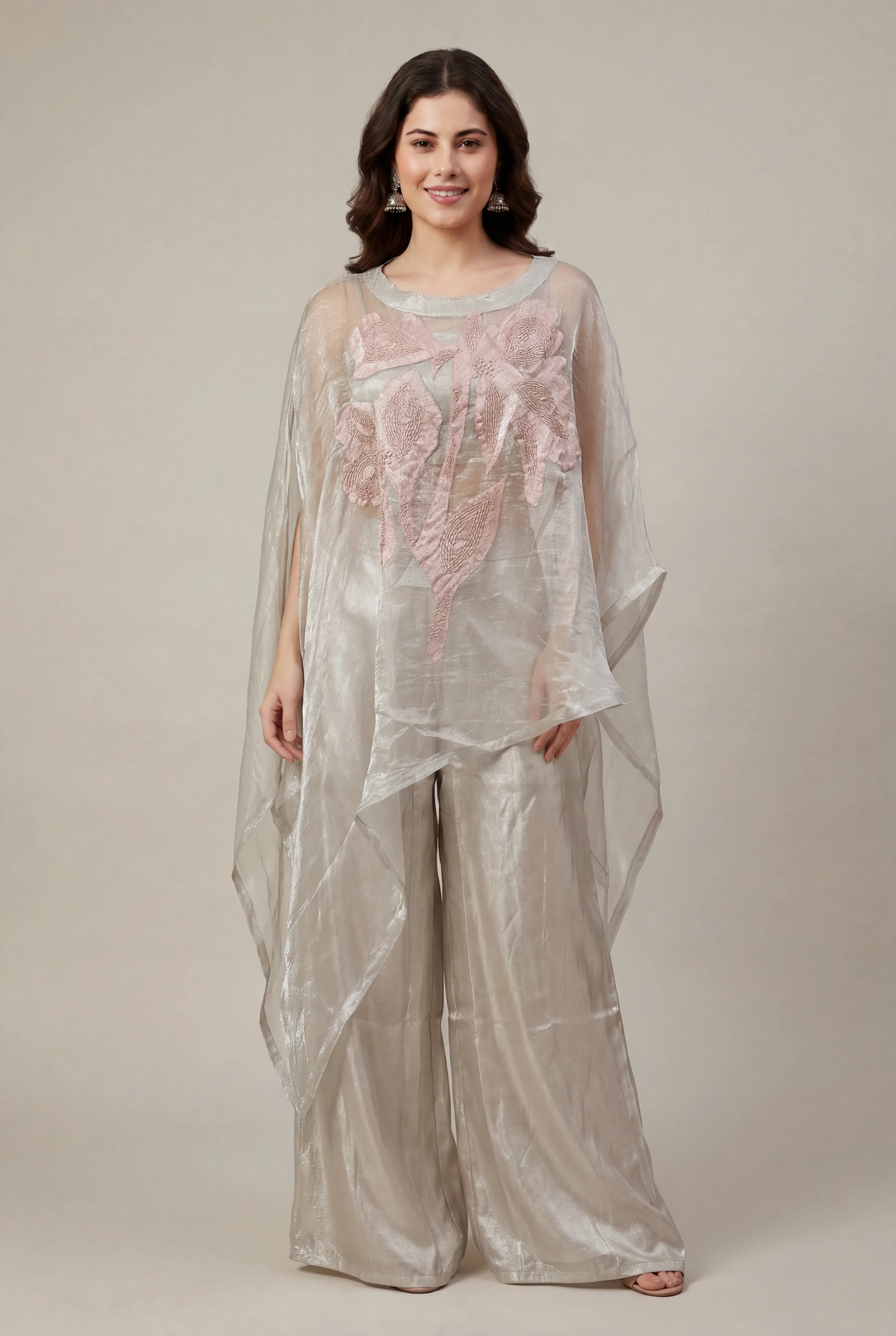 Glass Tissue Indowestern with Applique Work, Pearl, Thread work.