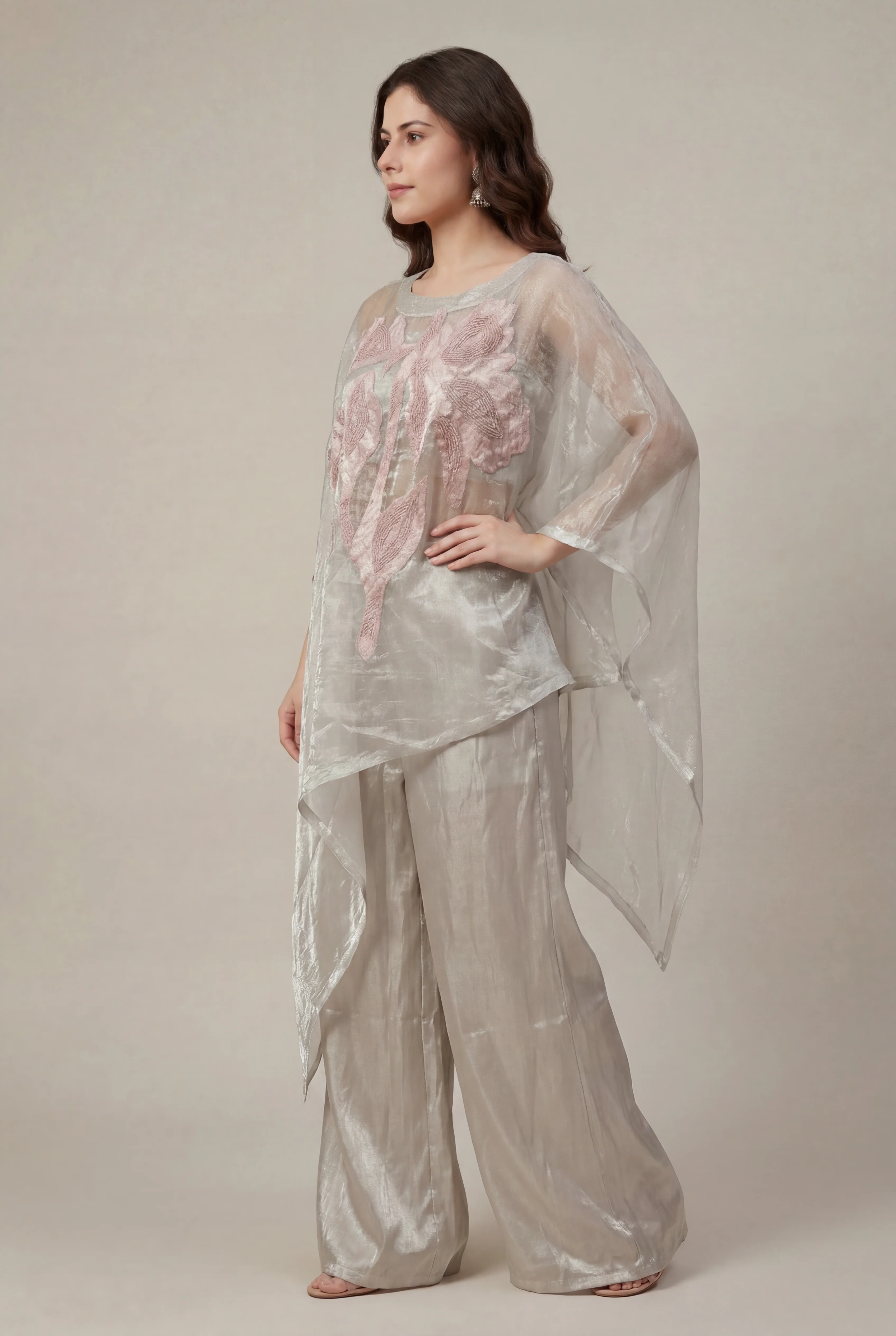 Glass Tissue Indowestern with Applique Work, Pearl, Thread work. - Image 5