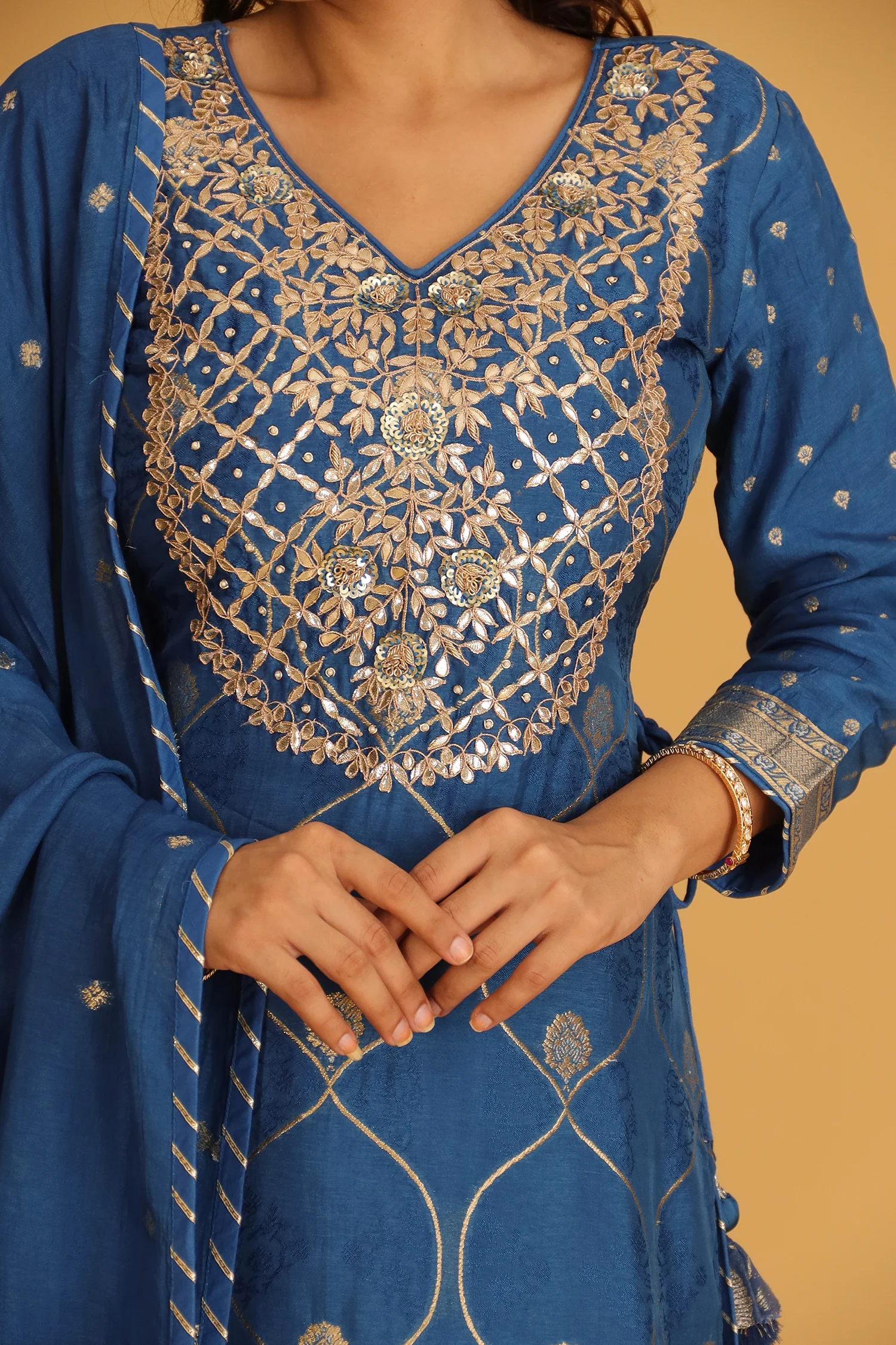 Handloom Chanderi Suit Embroidered with Gota Patti work. - Image 4
