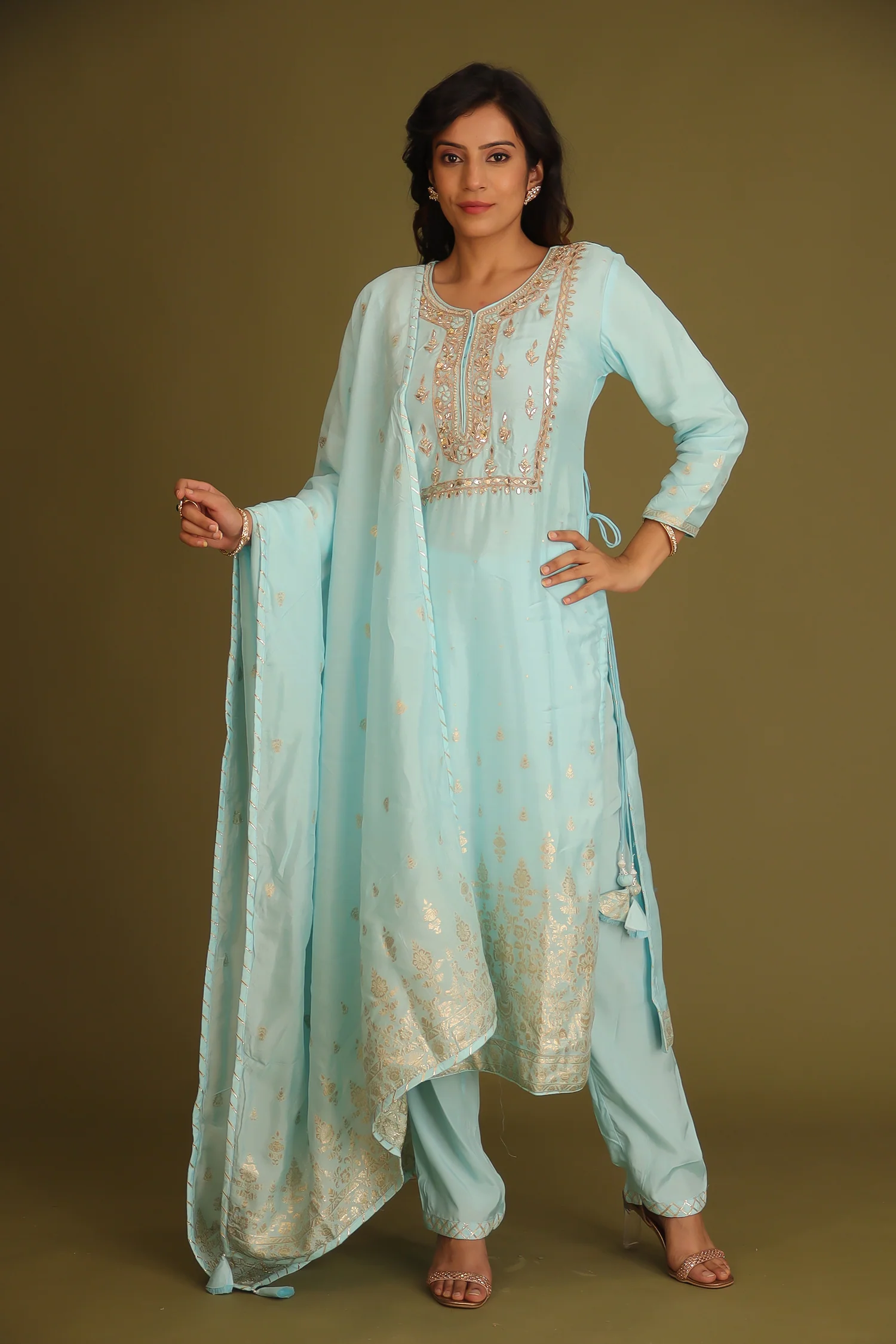 Handloom Chanderi Suit Embroidered with Gota Patti work. - Image 18